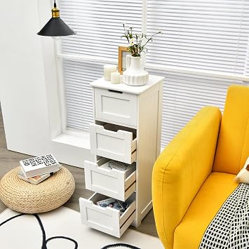 Tangkula Bathroom Floor Cabinet with 4 Drawers, 12 x 12 x 32 Inch, Freestanding Storage for Bath Living Room, Wooden Bathroom Cabinet for Home Office (White)