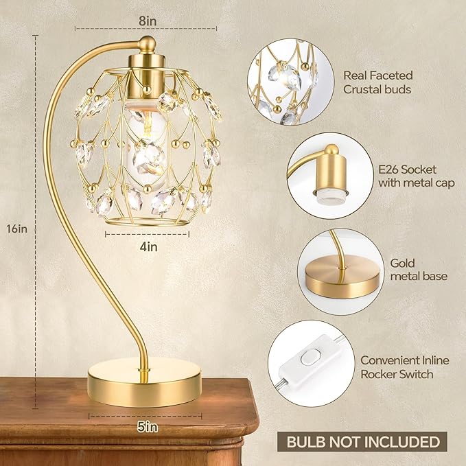 DGGDOME Crystal Table Lamps for Living Room, Gold Crystal Bedside Lamp, Modern Nightstand Lamps for Bedroom Home Office, Elegant Decorative Gold Desk Lamps for Girls Room, Single photo 2
