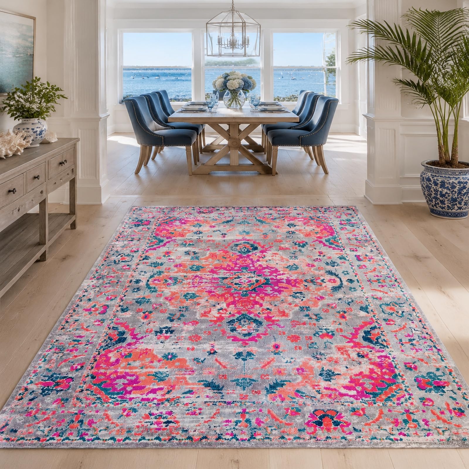 Generisch Teppich Groß Wohnzimmer,Modernes Vintage- Rosa, Orange, Blau, Grau Weiß, 170 x 180 cm, Waschbar Teppiche für Esszimmertisch Zimmer Deko Innen Schlafzimmer Arbeitszimmer