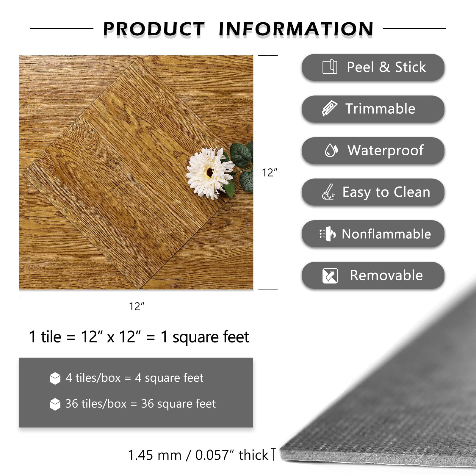 LaCheery Azulejos de madera marrón para despegar y pegar, tablones de vinilo impermeables, paquete de 36 unidades de 12 x 12 pulgadas, tablones de madera laminada, despegar y pegar, azulejos adhesivos