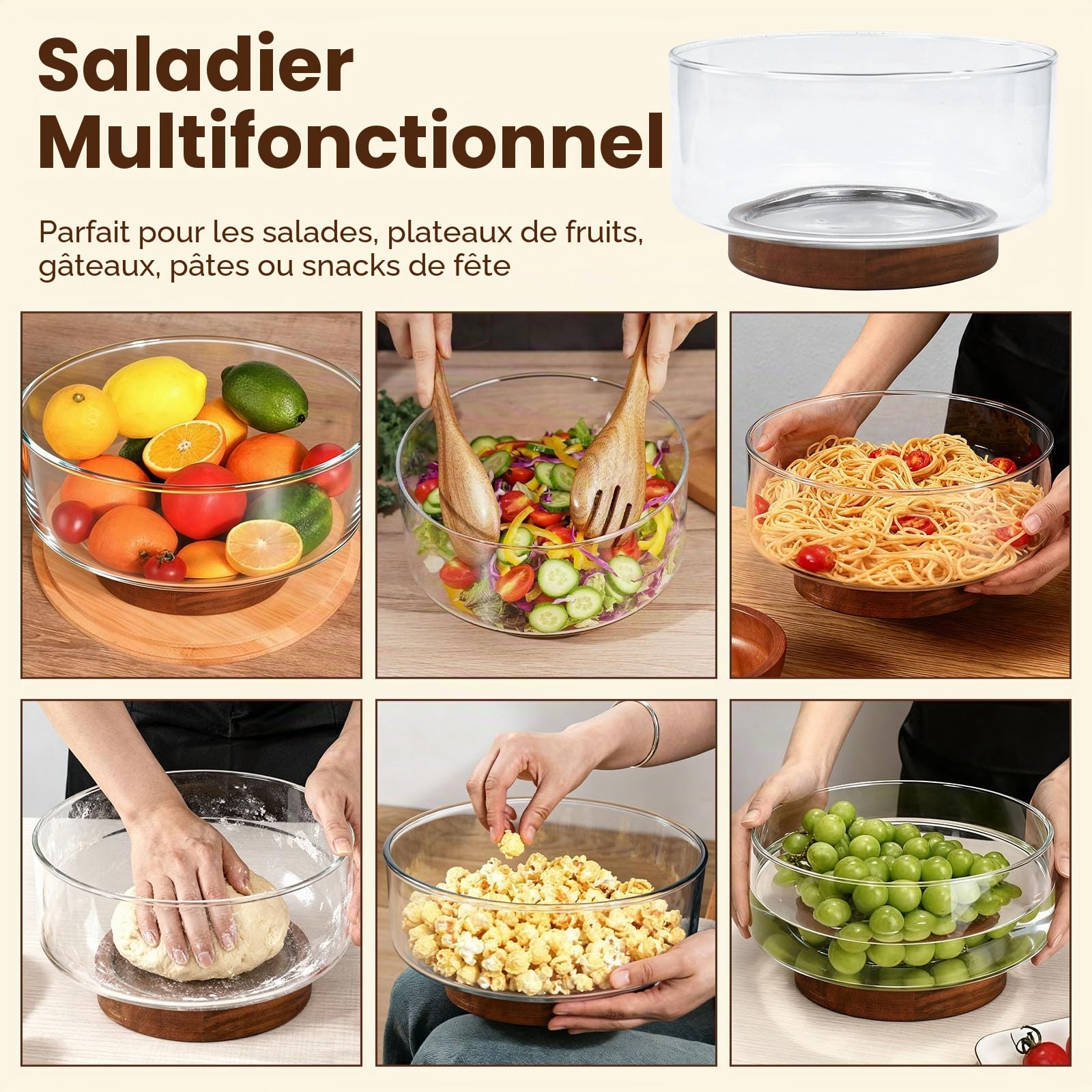 Saladier en Verre avec 2 Pince à Salade en Bois, Grand Saladier de 3,7 L Saladiers en Verre avec Base en Bois, Plat de Service Transparent Polyvalent Bol en Verre pour Salade Fruits Pâtes
