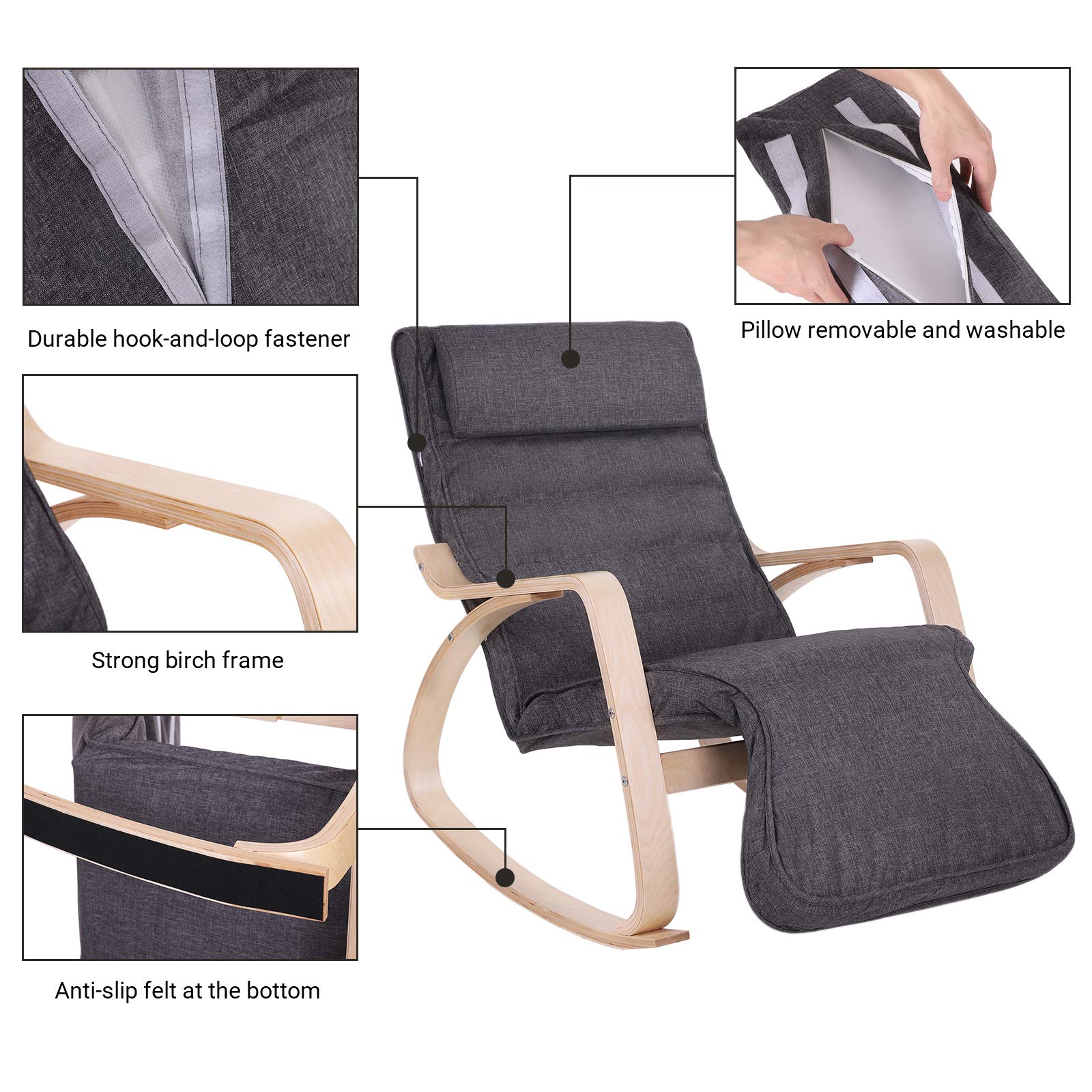 SONGMICS Sedia a Dondolo, Poltrona Oscillante con Poggiapiedi, Schienale Ergonomico, Strutture in Legno, Fodera in Cotone Sfoderabile, 67 x 125 x 91 cm, Carico Massimo di 150 kg, Grigio Scuro LYY42GYZ