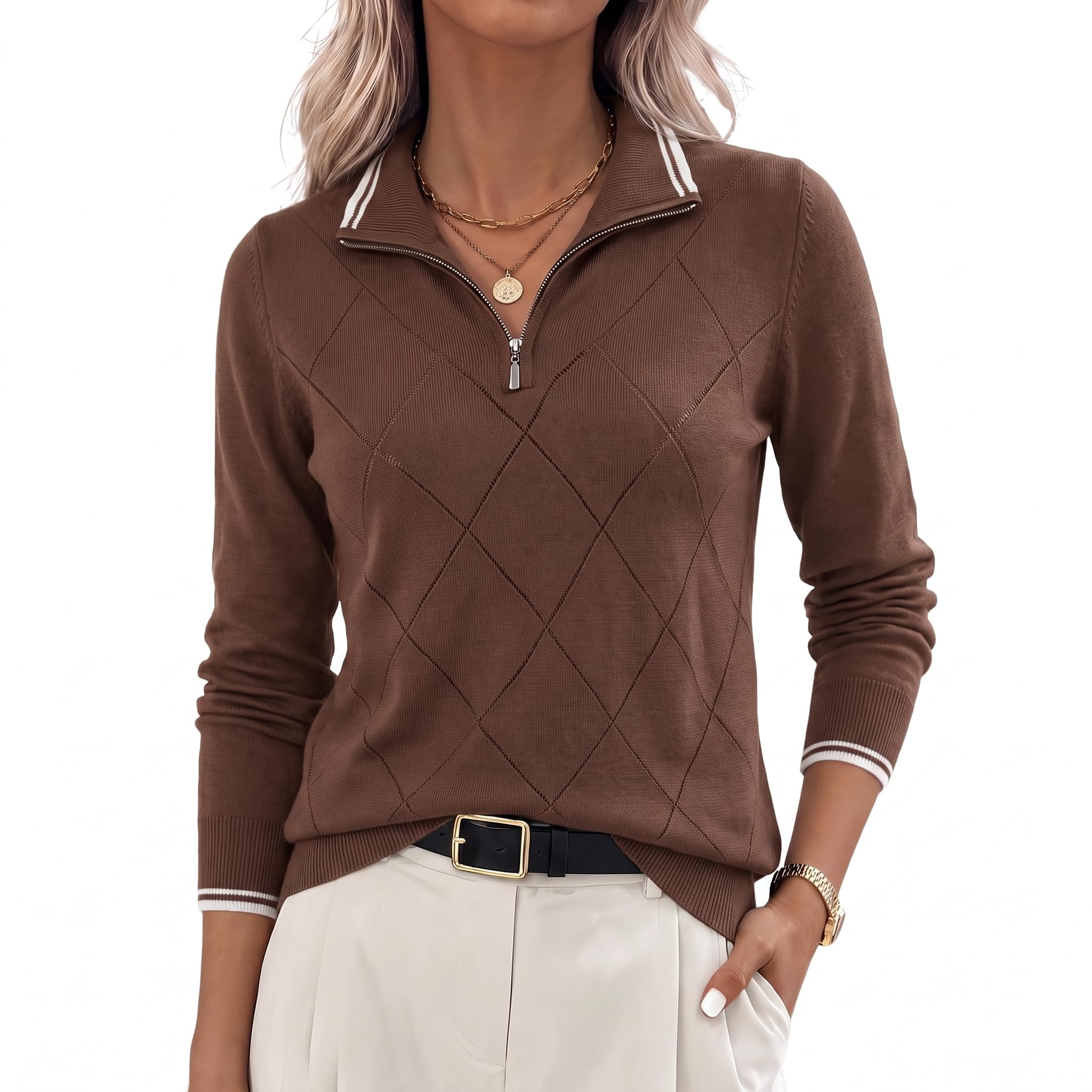 JACK SMITH Quarter Zip Pullover Sweaters for Womens, Rib Polo Sweater Tops