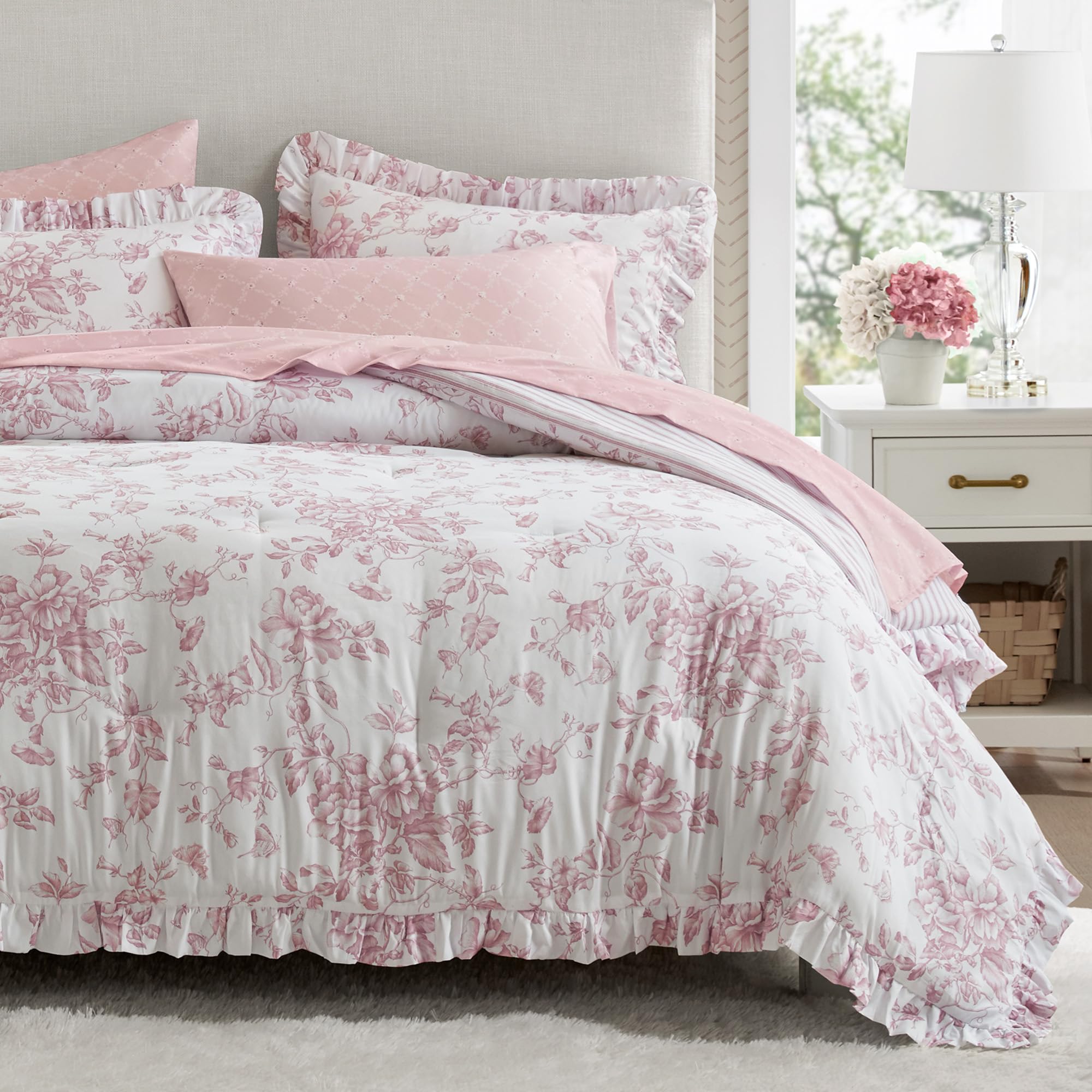 Photo 1 of Madison Park Essentials Adele Pink Floral Queen Size Comforter Set – Vintage Bed in a Bag with Sheets, Reversible Ruffle Bedding, Elegant Gift for Her