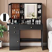 Vista 7 de Wodeer Escritorio de maquillaje con espejo y luces, tocador negro con parte superior de cristal, almacenamiento de joyas, tomas de corriente, 3