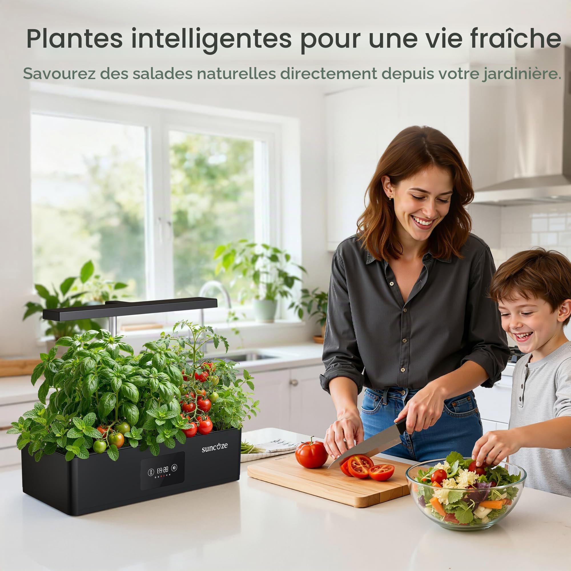SUNCOZE Potager Hydroponique avec 12 Paniers Smart, Noir | Jardin d'Intérieur 4L avec Lampe LED 24W, Kit Hydroponique avec Minuterie et Réglage de l'Heure, pour Maison et Cuisine