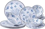 LEHAHA 12-Piece Melamine Beach Dinnerware Set, Coastal Plates and Bowls Sets, Oceanic Sea Life Dish Sets for 4, Great for Indoor Outdoor Dining on the Beach, RV, Camping or Cabin