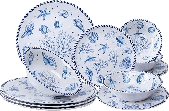 LEHAHA 12-Piece Coastal Melamine Dinnerware Set Service for 4, Unbreakable & Lightweight Round Plates and Bowls Set, Outdoor Dish Set for Patio, Camper, RV, Indoor Outdoor Use with Ocean Printed