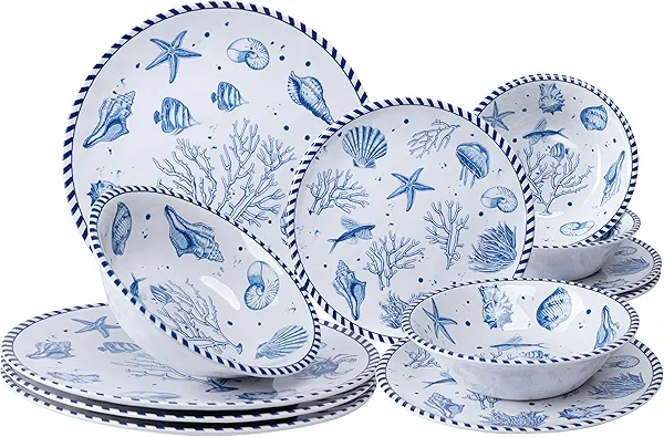 LEHAHA 12-Piece Coastal Melamine Dinnerware Set Service for 4, Unbreakable & Lightweight Round Plates and Bowls Set, Outdoor Dish Set for Patio, Camper, RV, Indoor Outdoor Use with Ocean Printed