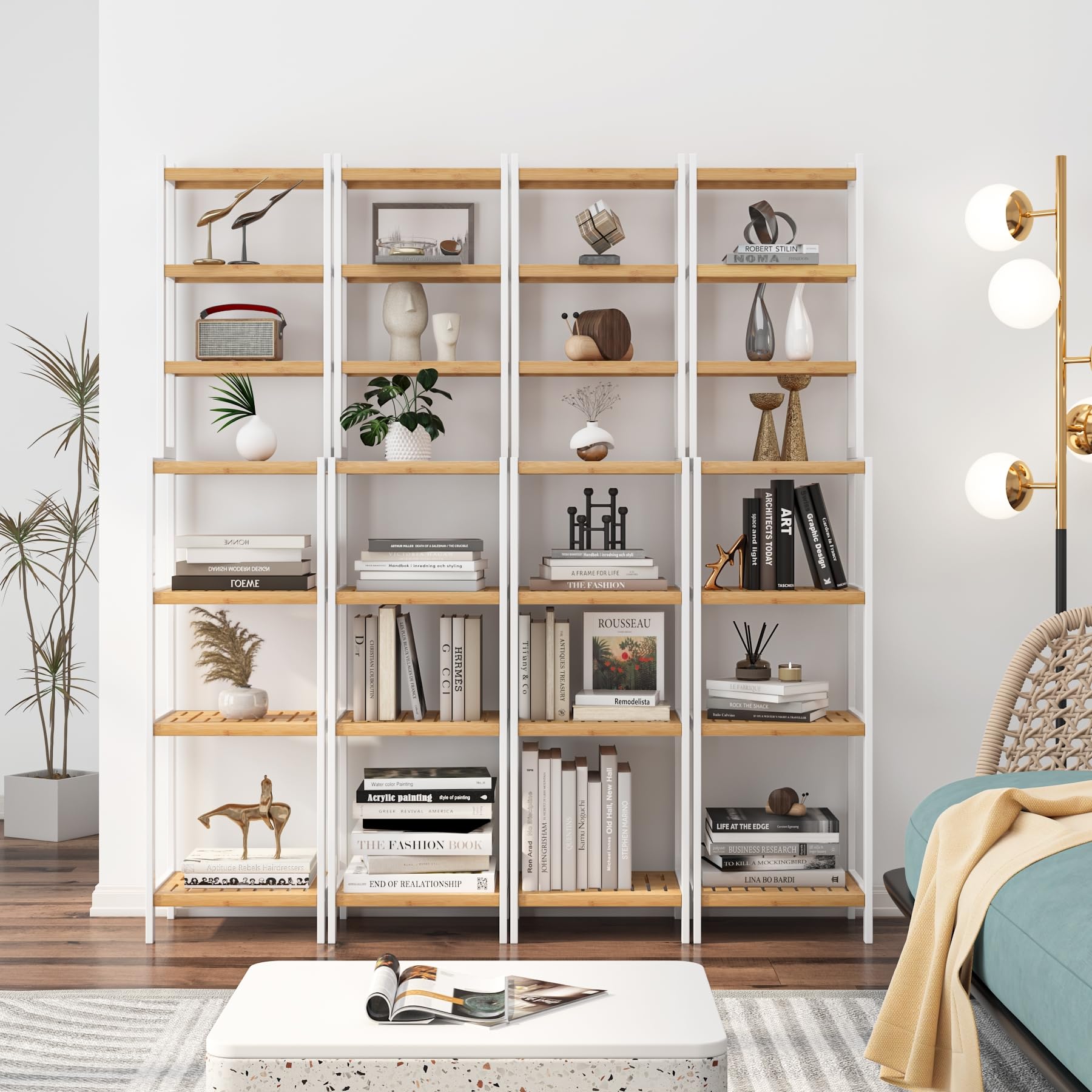 FOREHILL Estantería Baño de 7 Niveles de Bambú, Estantería Estrecha | Estantería Esquinera, Estantería de Almacenamiento, para Cocina,Sala de Estar,Dormitorio,Pasillo Blanco y natural 36x28x161cm
