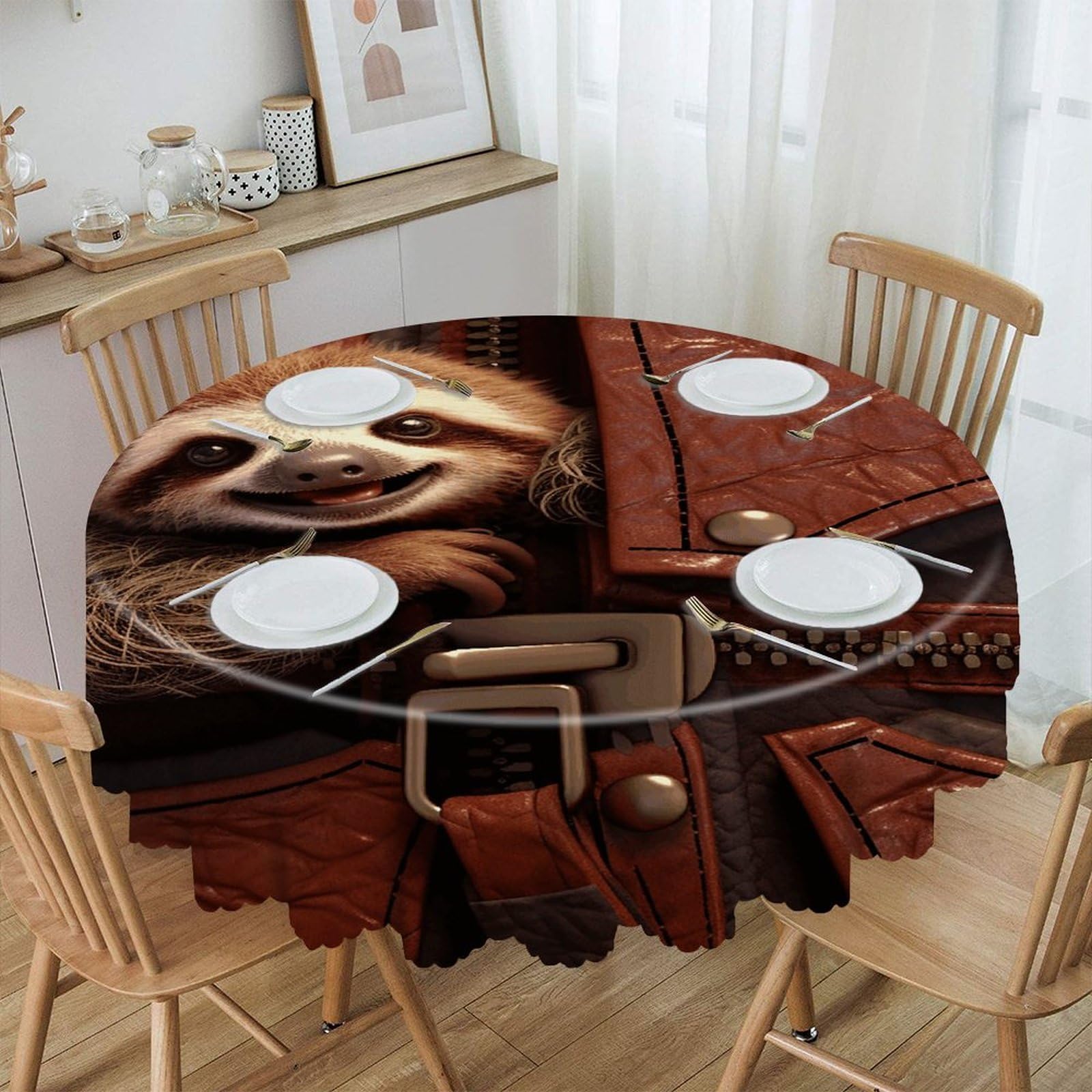 VstaDank Sloth on Zipper Round Tablecloth Wipeable Round Polyester Tablecloth Waterproof Wrinkle Free Indoor and Outdoor Table Cover 60 Inch Decorative Farmhouse Table Cloth for Dining