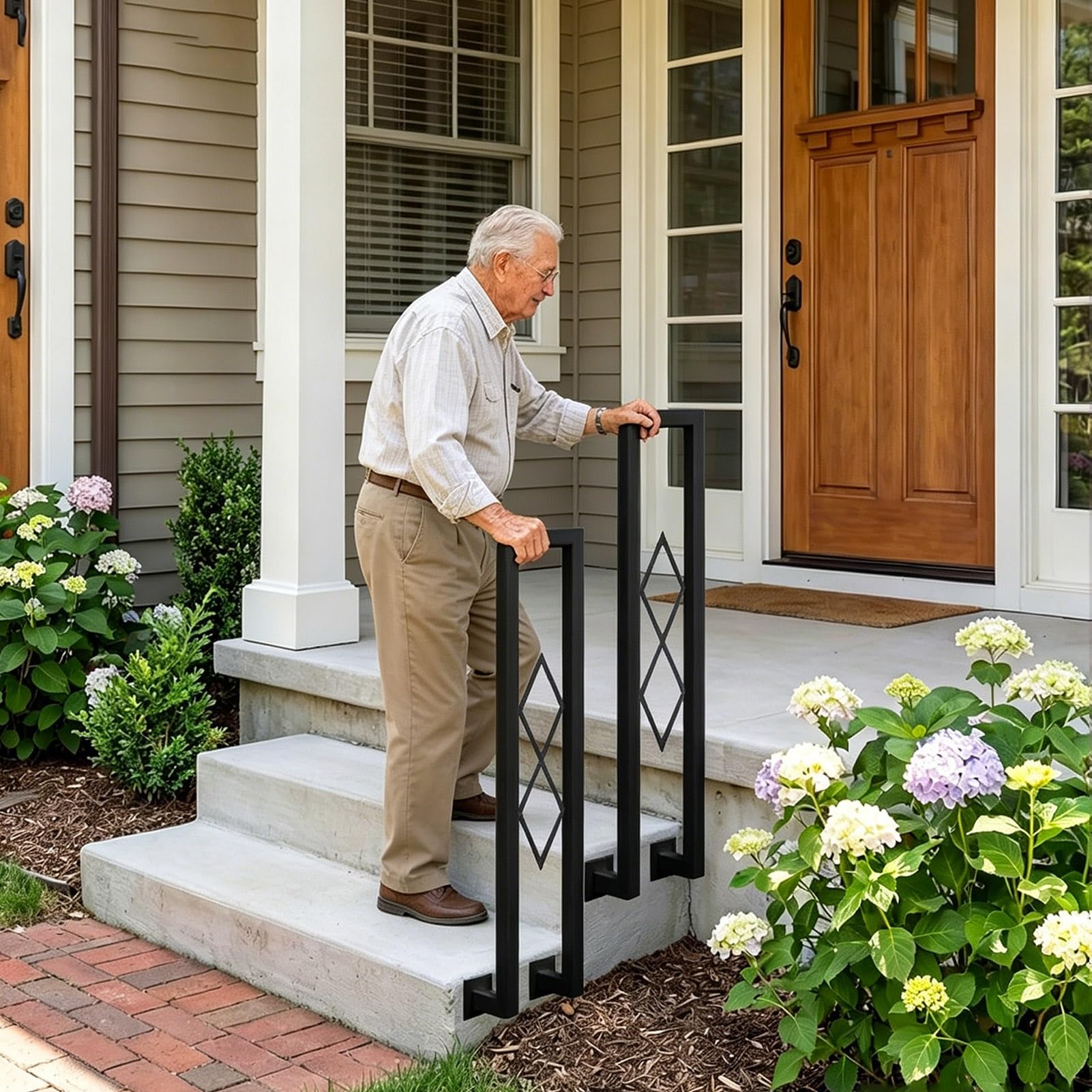 U-Shaped Stair Railing Divider Post Wrought Iron Handrail Guardrail | Side Mount Hand Rail for Indoor Steps Outdoor Grab Rails Fits 1 Steps, Black(A,90cm/35in)