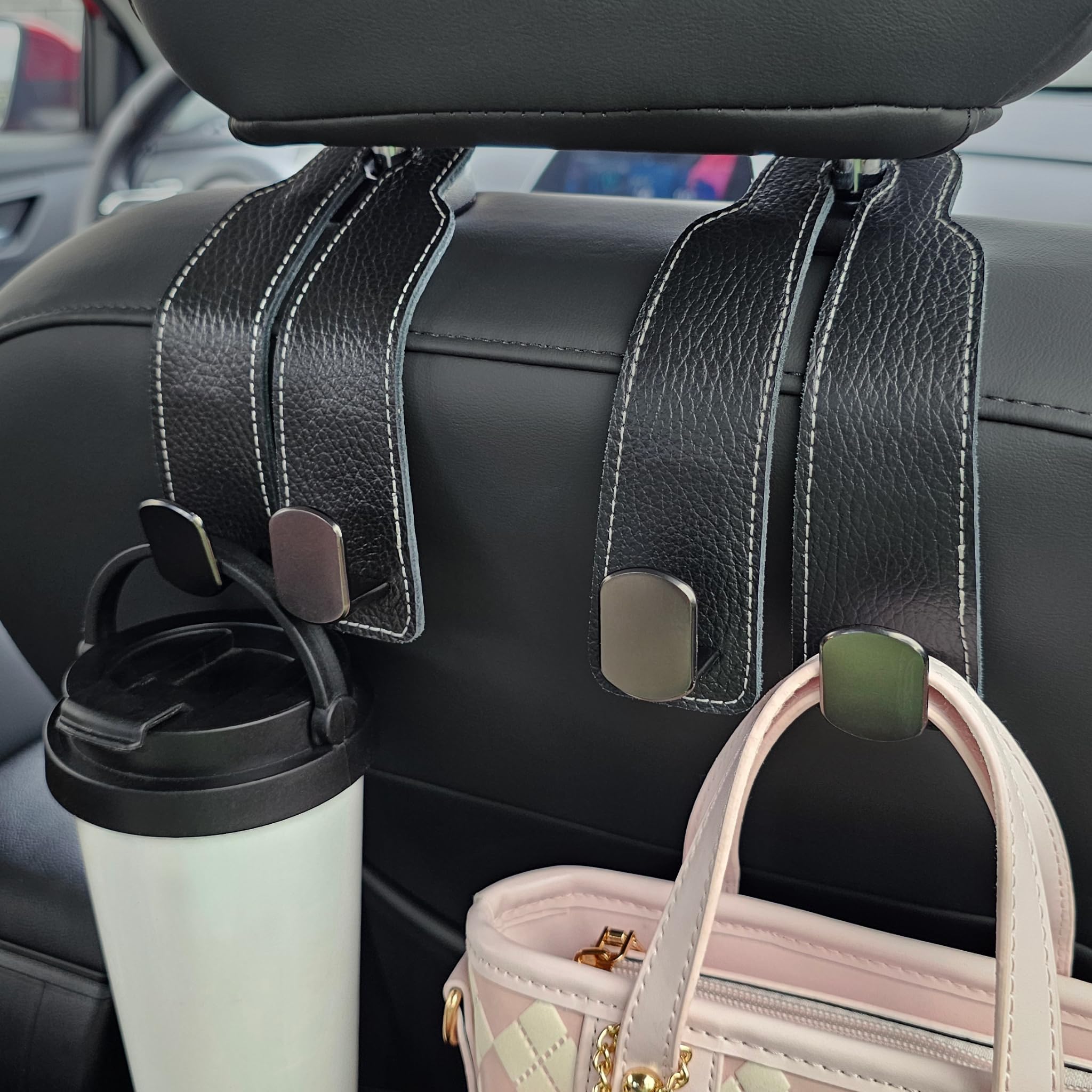ALEACAR 2 Pack Car Seat Back Storage Hooks - Headrest Hooks for Purses and Bags, Leather (Black)