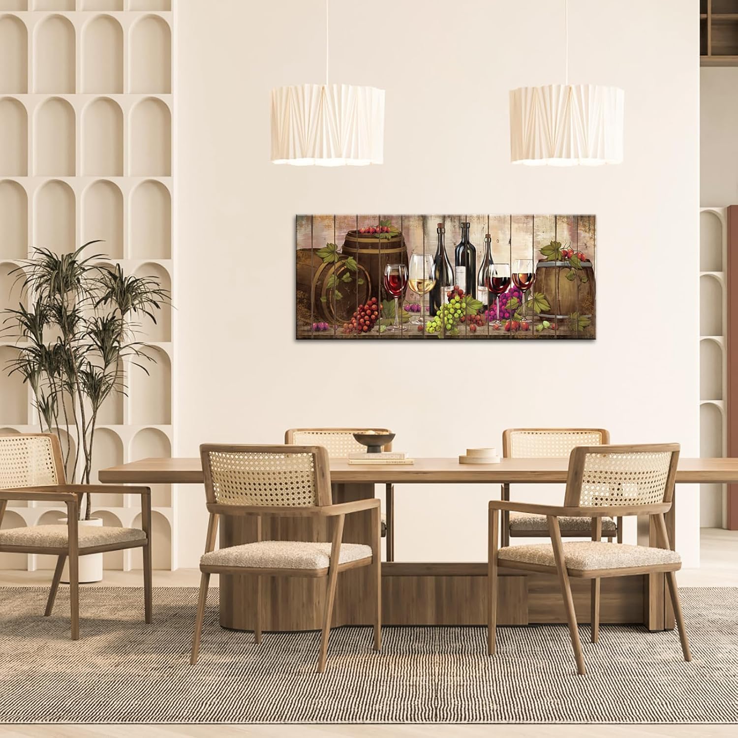 Conipit Wine Cellar Wall Decor Kitchen Canvas Grape Wine Pictures Barrel and Fruit Dining Paintings Artwork Prints Framed 20''x48''