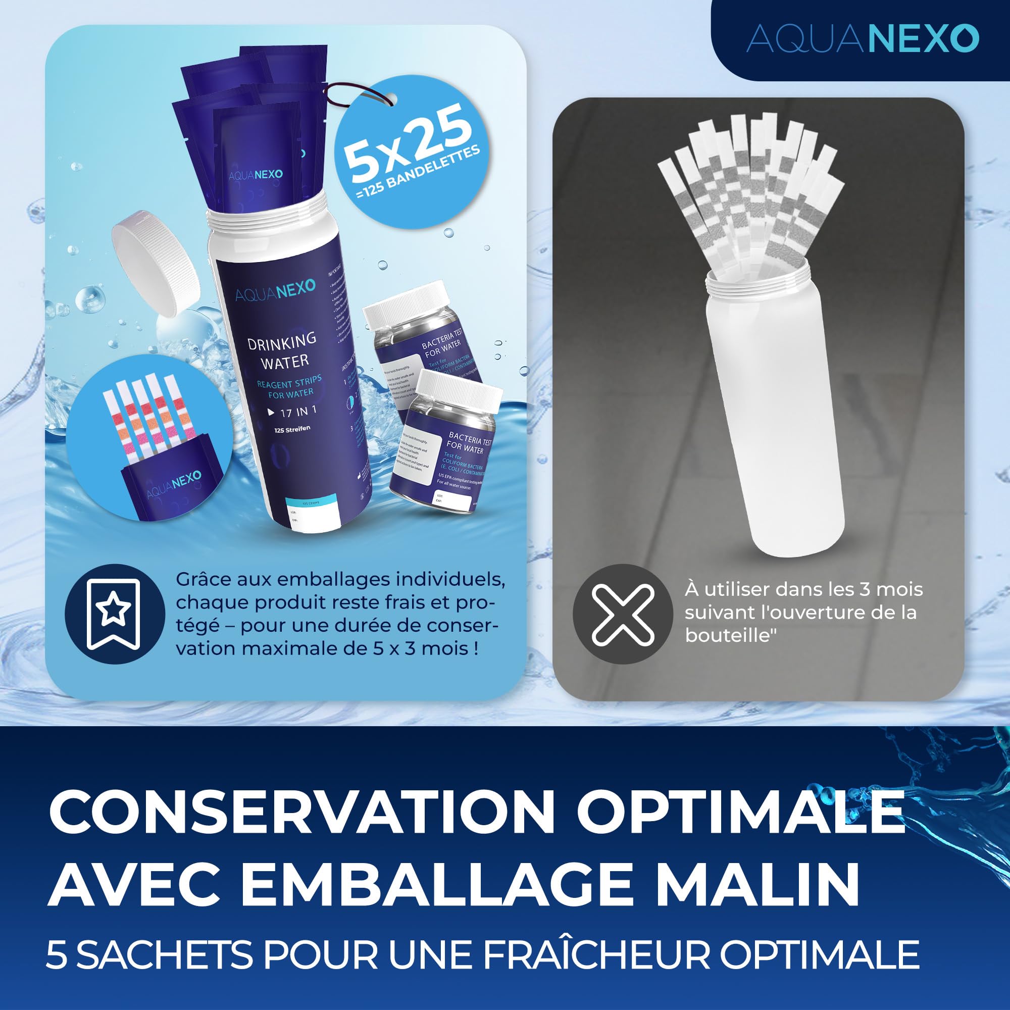 18 paramètres, 125 bandelettes de test pour eau potable (5x25)+ 2x test de bactéries coliformes, bandelettes de test pH, testeur d'eau potable, dureté de l'eau, test d'eau potable