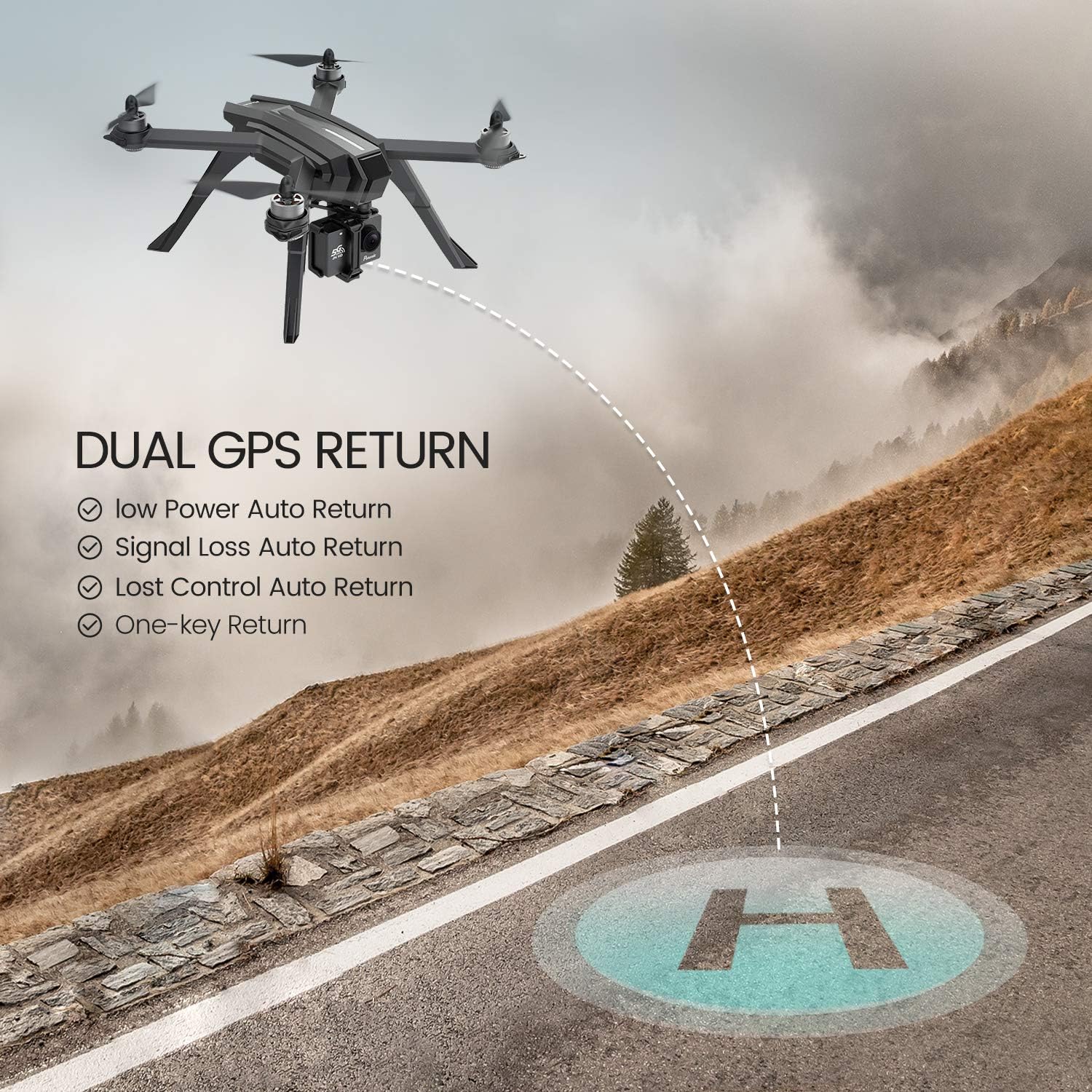 Potensic D85 drone flying above a road with a GPS return home path indicated