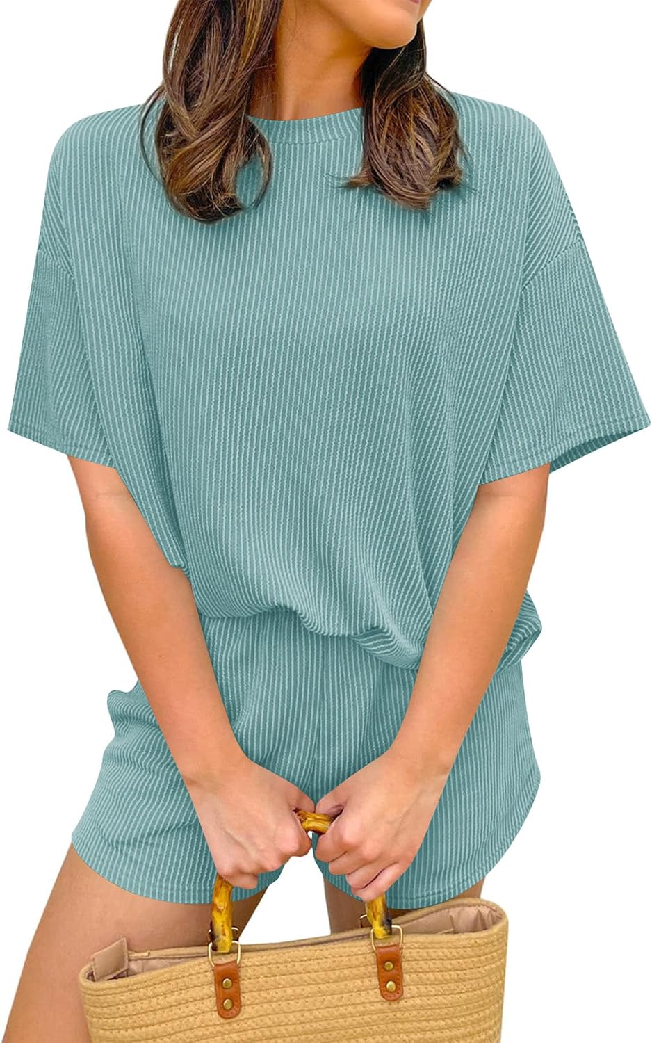 KIRUNDO Two Piece Sets for Women Dressy Casual Ribbed Knit Short Sleeve Top Matching Shorts Lounge Set 2026 Summer Outfits