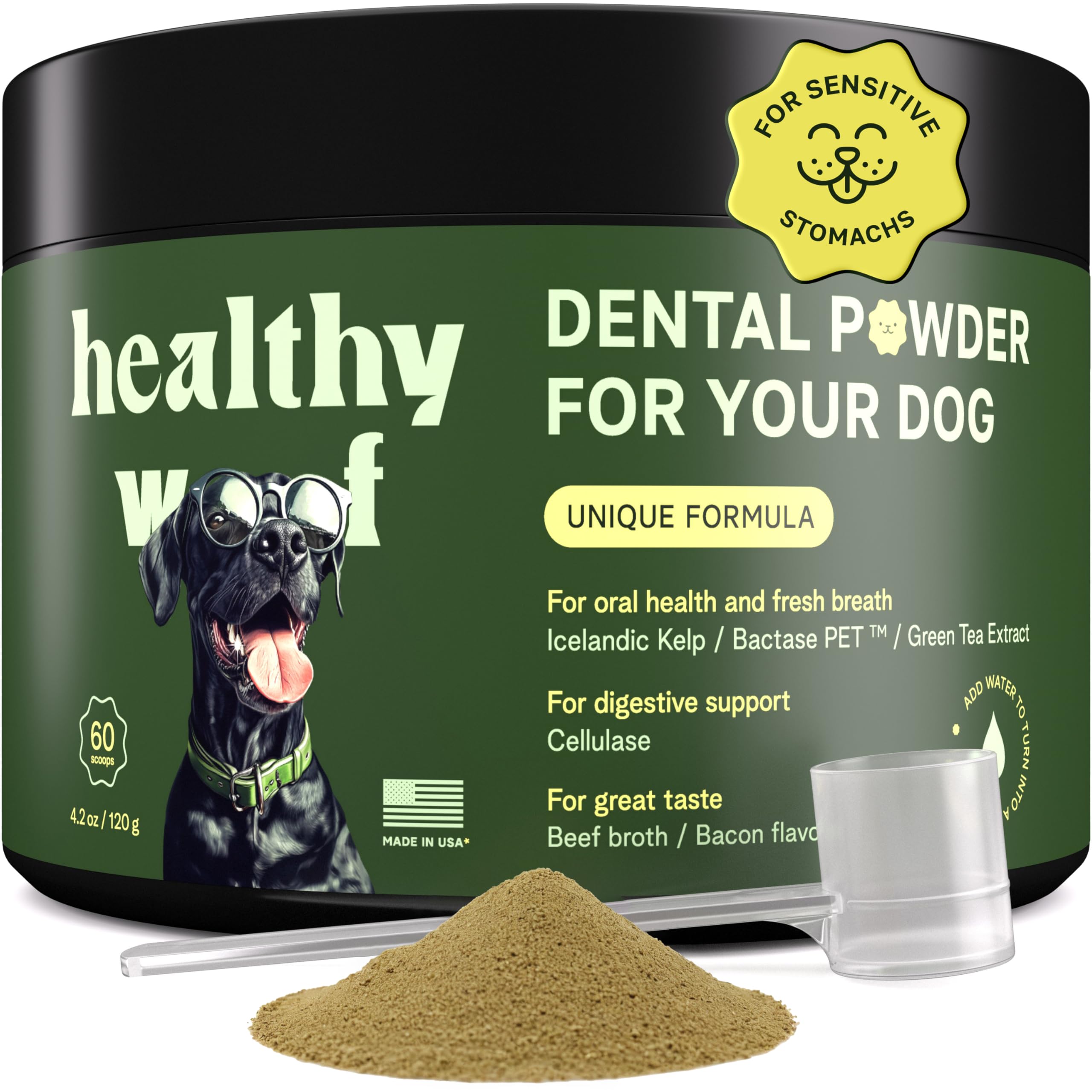 Healthy Woof Dental Powder for Dogs - Complete Oral Care Bone Broth, Dog Teeth Cleaning Powder, Tartar Remover, Fresh Breath, Sensitive Stomach Support, No Brush Dental Care, 4.2 oz, 60 Scoops