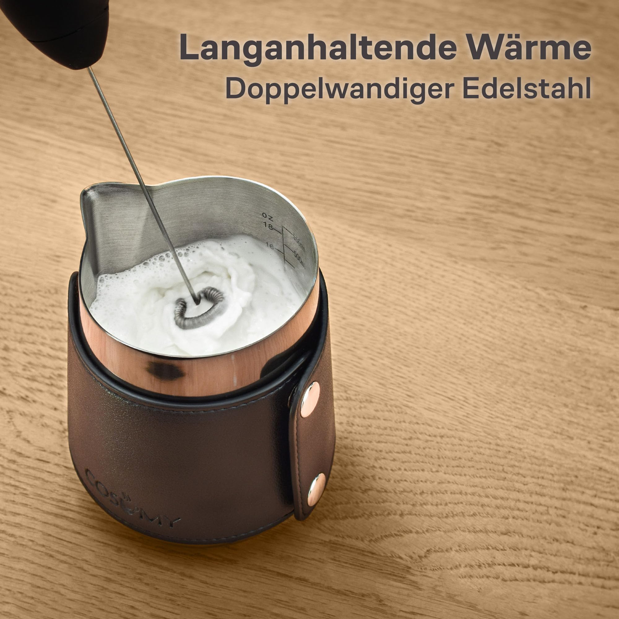 Cosumy Milchkännchen Edelstahl 500ml Schwarz - Milchkanne mit Messkala - Für Latte Art - Barista Zubehör