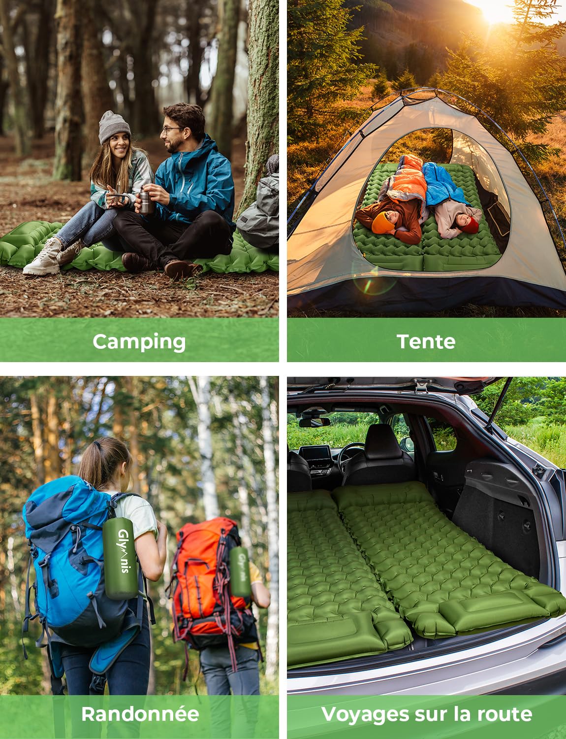 Glymnis Matelas de Camping Autogonflant 1P, Pompe + Oreiller, Ultraléger | Nylon 70D Imperméable, Gonflage 60s, 9cm Épais, 852g Ultra-Compact, Sangles Module, Convient Camping Randonnée Alpinisme