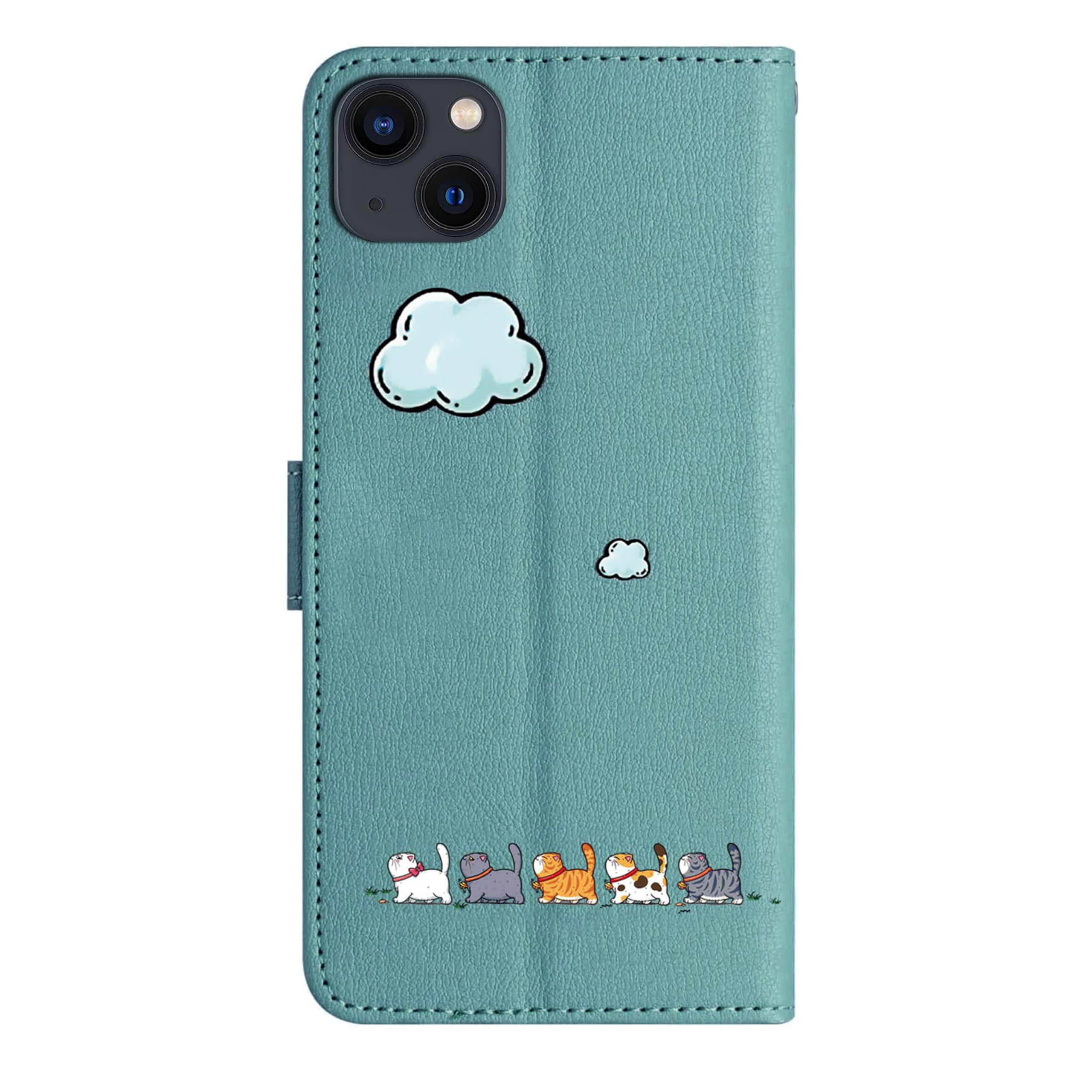 FALUWONRU Case for iPhone 13,Colorful Cute Cats Leather Flip Phone Case Wallet Cover with Creative Magnetic Protective Shockproof TPU Shell,Kickstand,Card Slots -Cyan/Green - Image 2