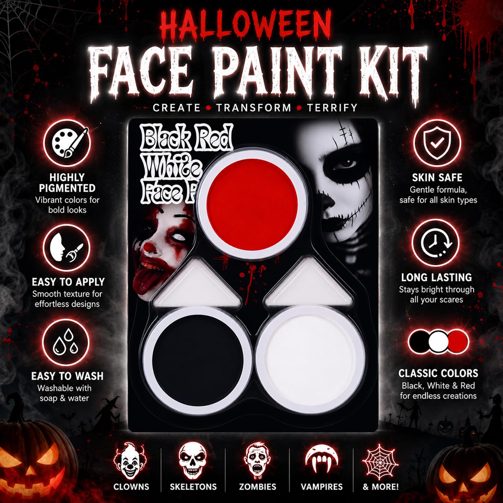 Czarny + biały + czerwona farba do twarzy i ciała, na Halloween, biało-czarno-czerwona, zestaw do makijażu twarzy i ciała, Cosplay SFX zestaw do makijażu na Halloween, szkielet, czaszka, klaun, wampir