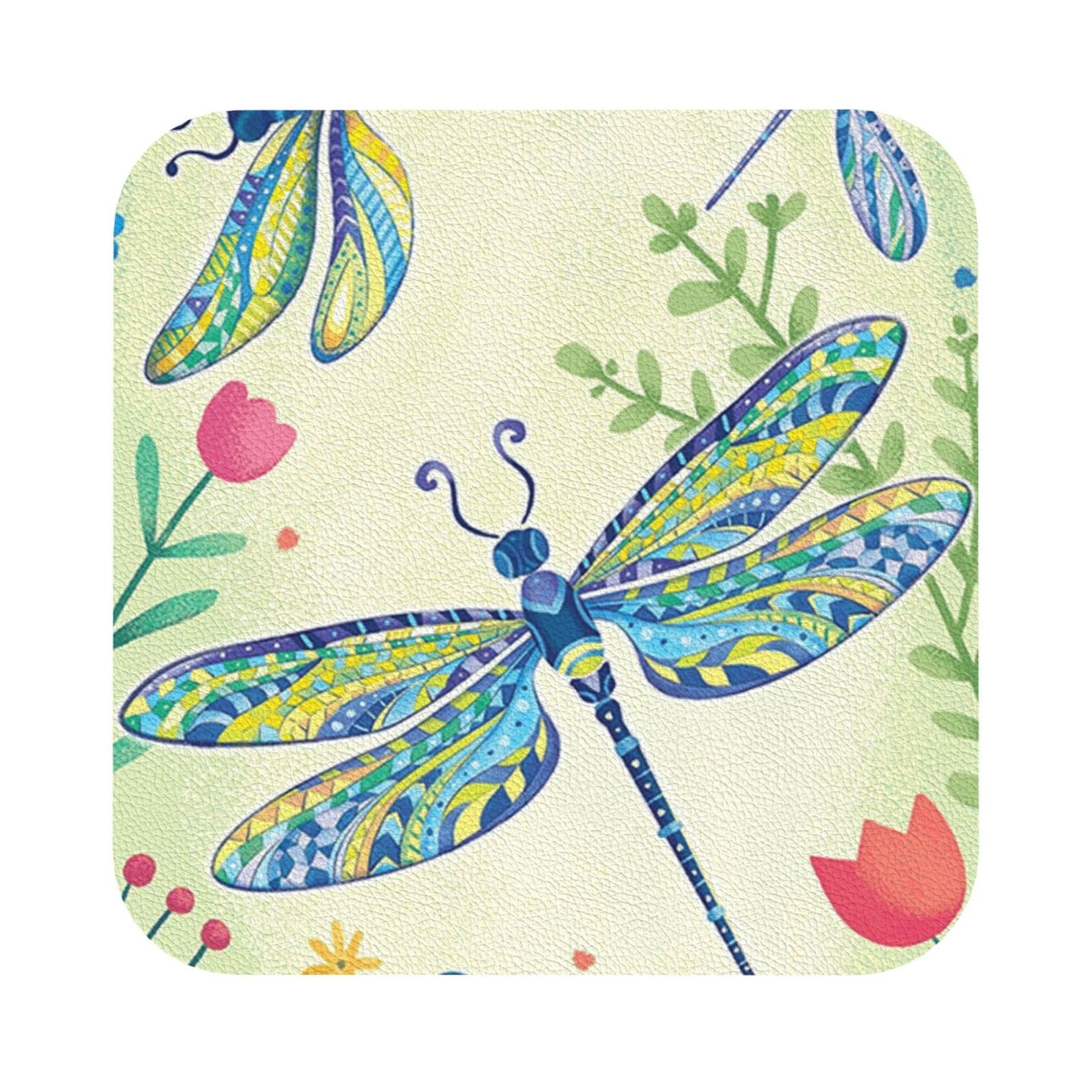 Dragonflies and Flowers PU Leather Coasters Set of 6 Square Drink Coasters