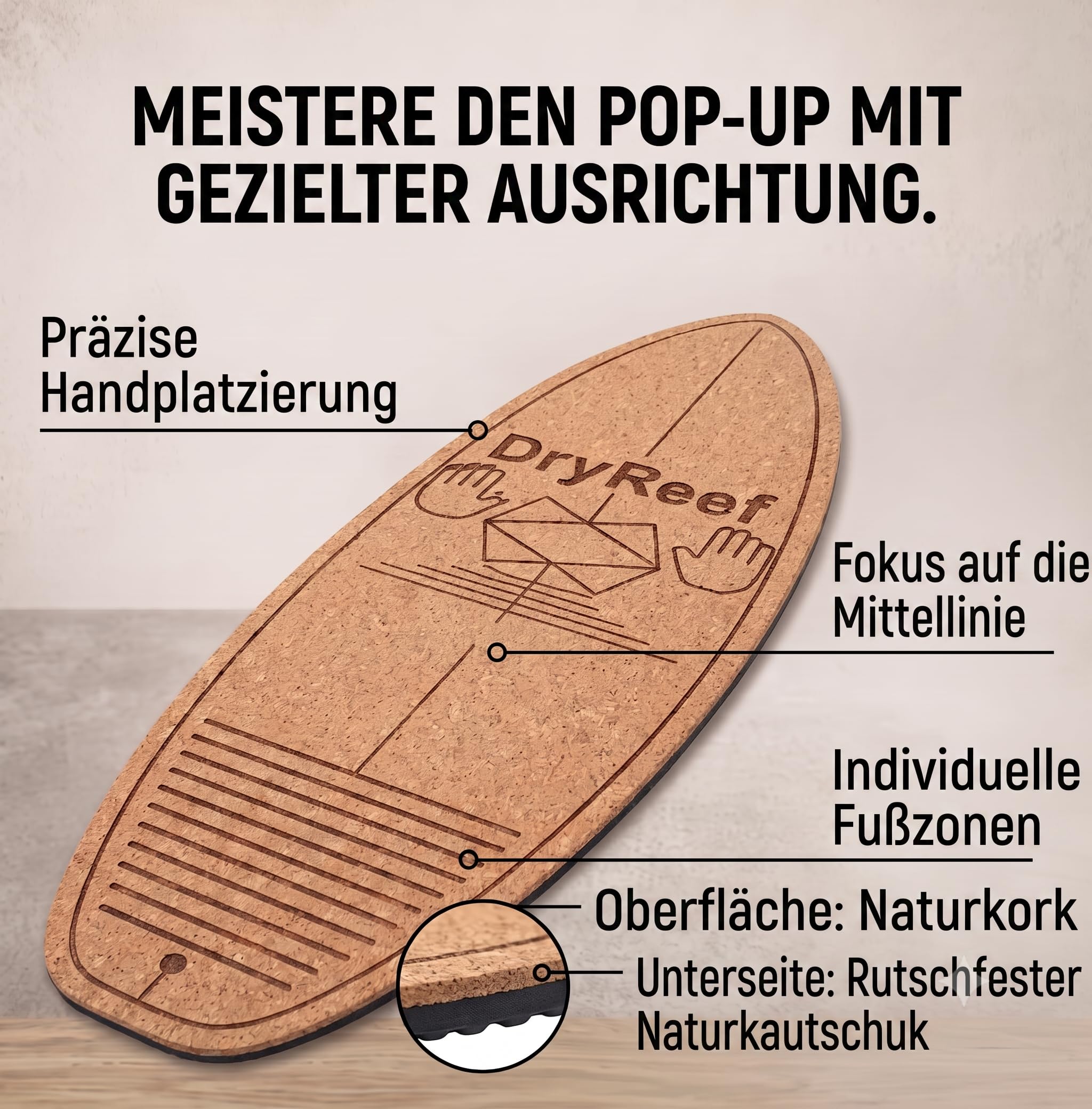 DryReef Premium Kork Surfmatte – Rutschfeste Surftraining Matte aus Kork & Naturkautschuk mit Ausrichtungshilfe für Pop-Up Training & Surf Fitness
