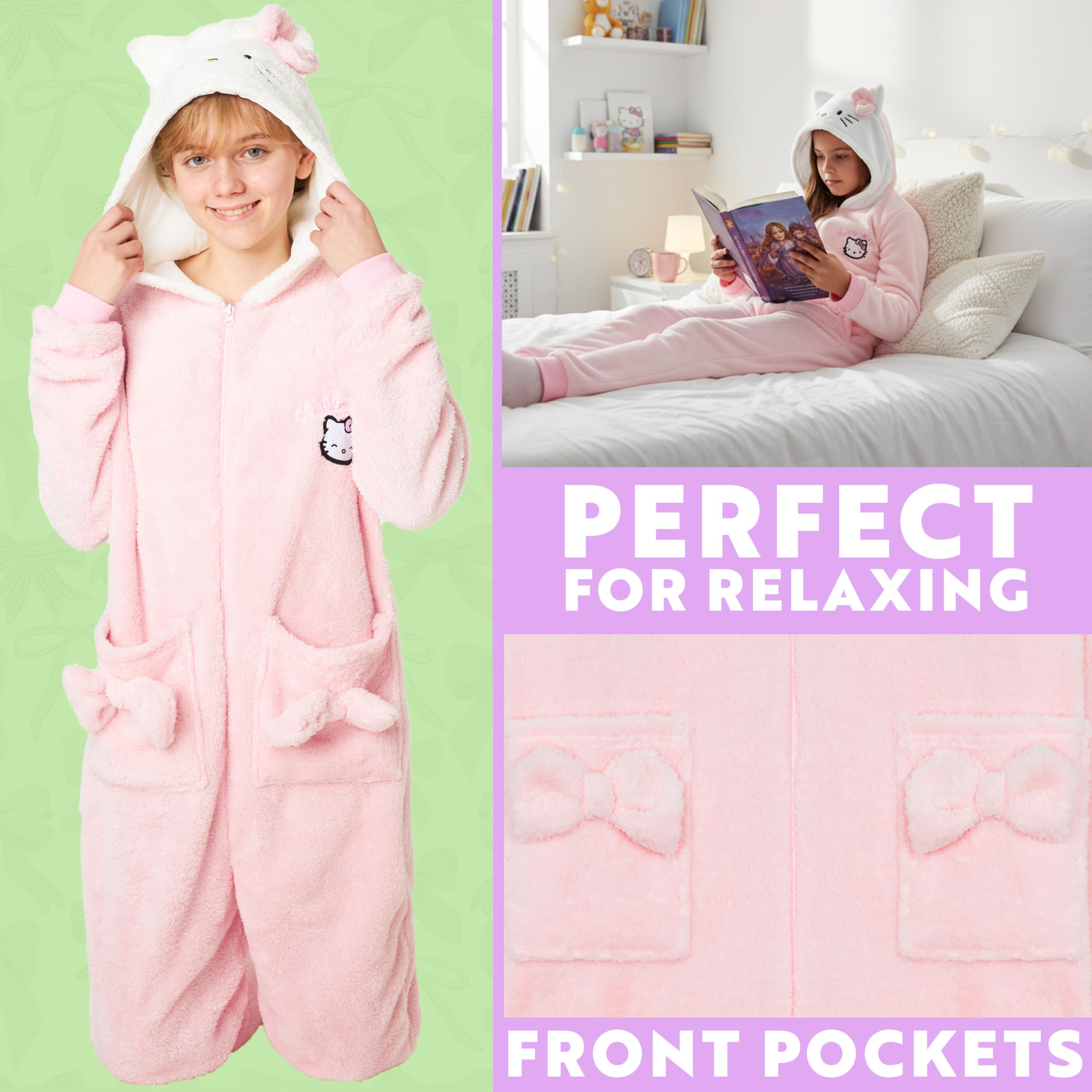 Hello Kitty Sanrio Pijama Entero Niña y Adolescente con Capucha, Pijama Una Pieza, Polar Ropa de Dormir, Regalos de Anime
