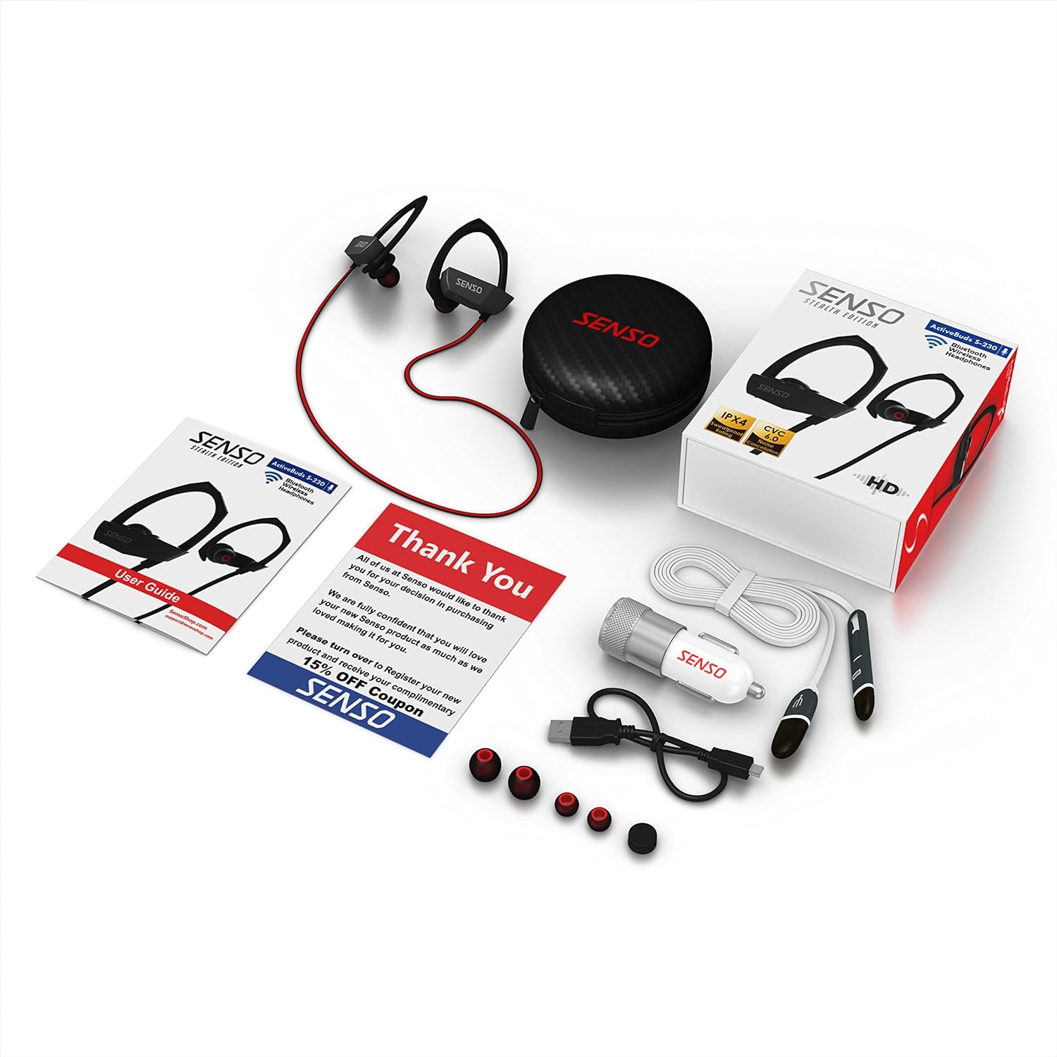 Contents of Senso ActivBuds S-230 package including headphones, case, cables, and ear tips.