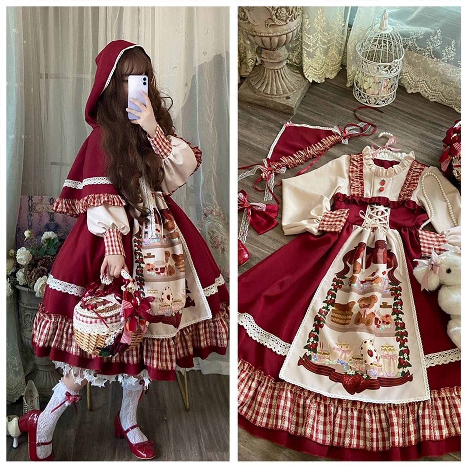Vestido de fiesta de princesa Sweet Lolita con encaje y lazo de cintura alta, vestido rojo para niña, gótico Lolita Op Cosplay (color: vestido y capa, tamaño: L)