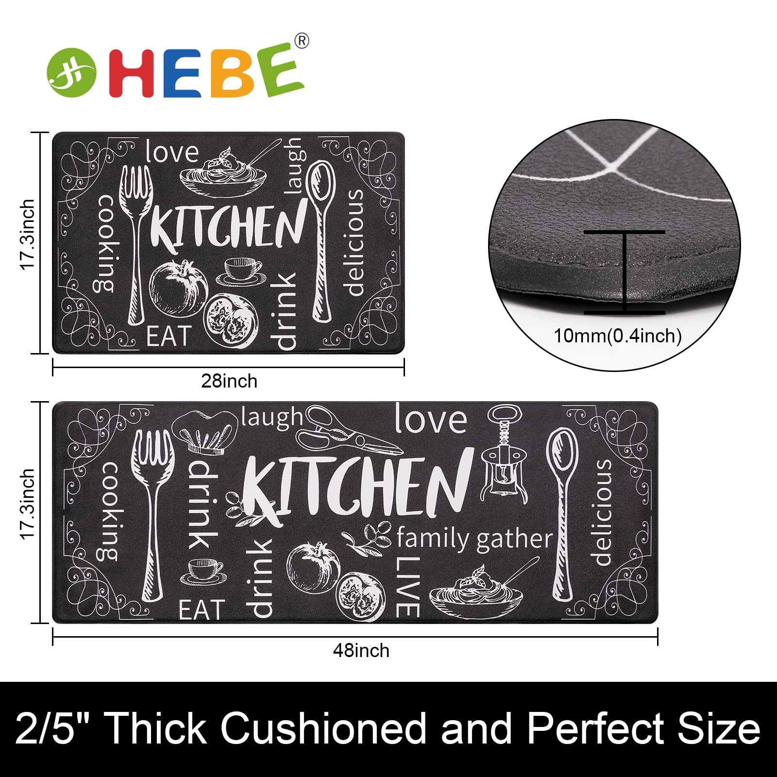 HEBE Lot de 2 Tapis de Cuisine Anti-Fatigue antidérapants épais et rembourrés avec Chemin de Table 43,2 x 121,9 cm + 43,2 x 71,1 cm