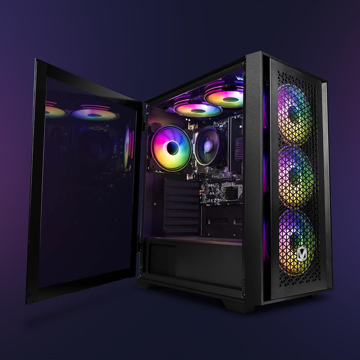 Vibox I-24 Gaming PC tower with side panel open, revealing internal components and RGB lighting.