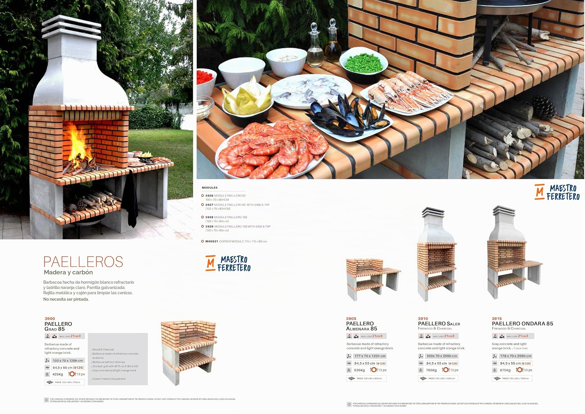 MOVELAR - Barbacoa de Obra Prefabricada de Leña y Carbón Modelo Paellero Almenara 85 (Gris, Naranja - 177 x 70 x 120 cm) REF: 3905 - Cocina de Exterior para Jardín o Patio