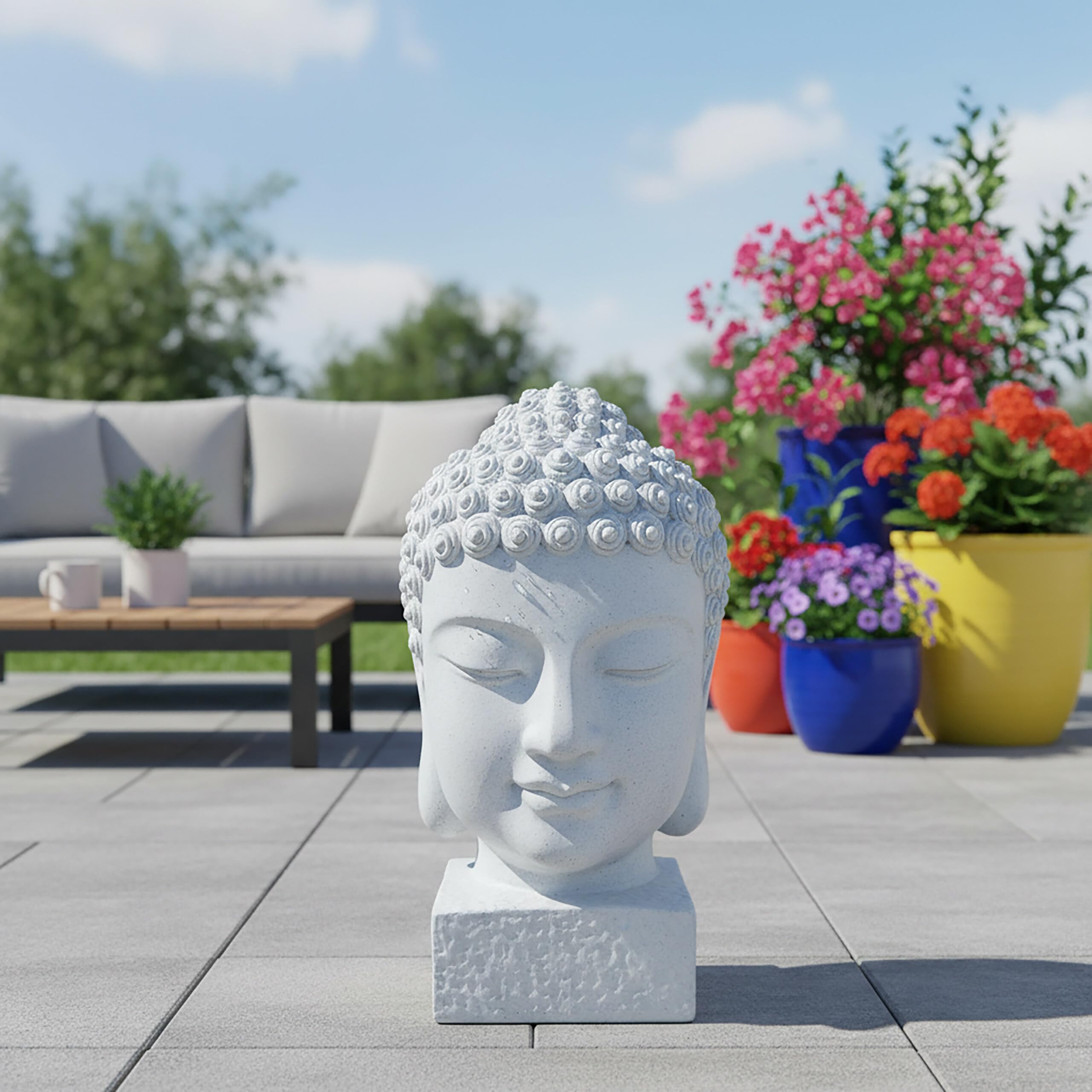 Relaxdays Cabeza de Buda 70x45x45 cm - decoración Zen salón/jardín, Resistente a la Intemperie y heladas, Blanca