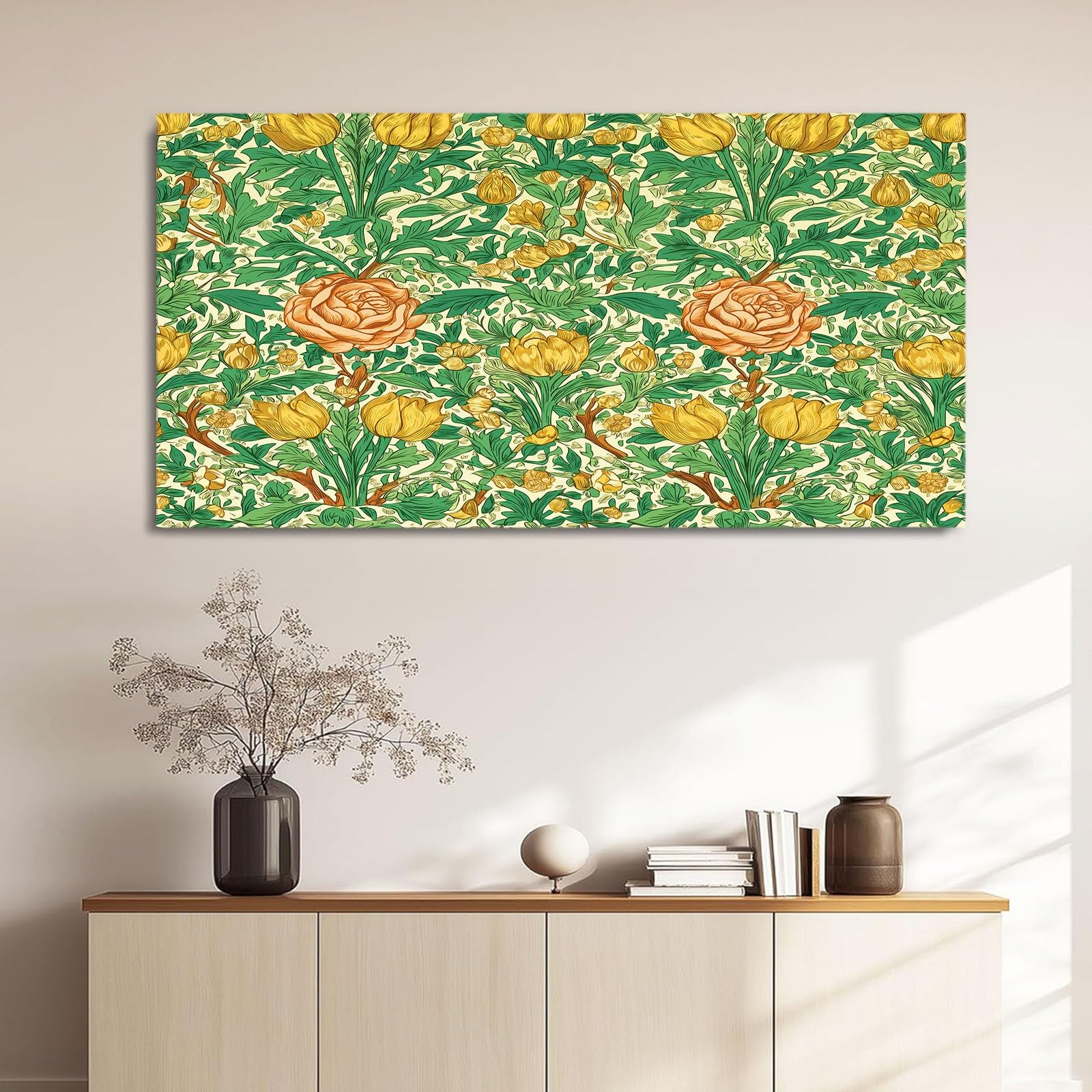 Sztuka ścienna 140 x 70 cm wydruki na płótnie retro - wodoodporny plakat zielone kwiatowe róże liście, obraz do salonu, sypialni, biura, kuchni, wystrój domu