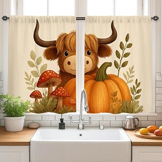 Cow Kitchen Curtains, Fall Rustic Pumpkin Mushroom Fall Orange Kitchen Drapes for Windows Window Decoration for Dining Room Breakfast Nook Sink Area 26x36 Inch