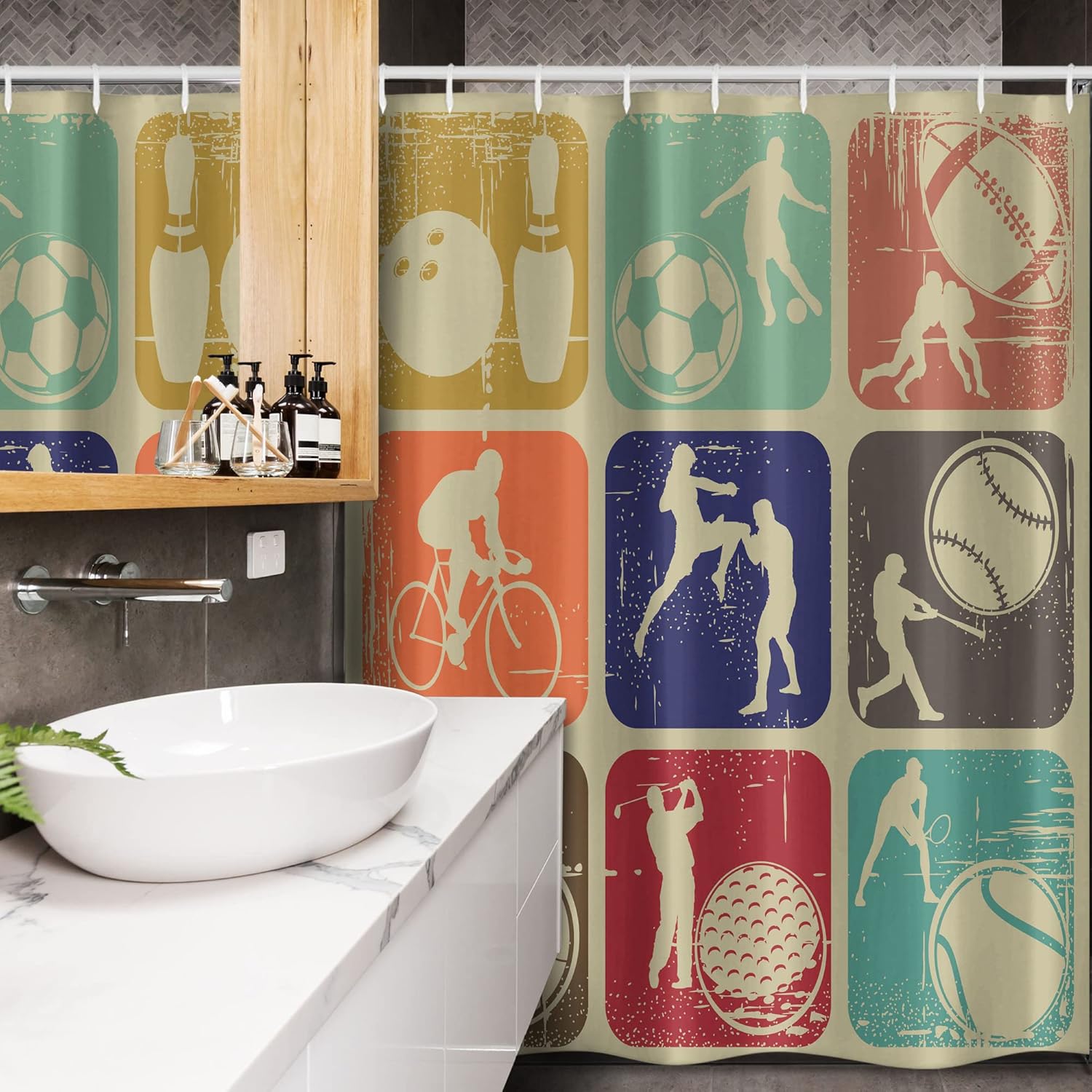 Ambesonne Sports Stall Shower Curtain, Assorted Sports Banners Vintage Grunge Effect Tennis Soccer Bowling Sports Pub, Fabric Bathroom Decor Set with Hooks, 54" W x 78" L, Pale Almond Green Multicolor