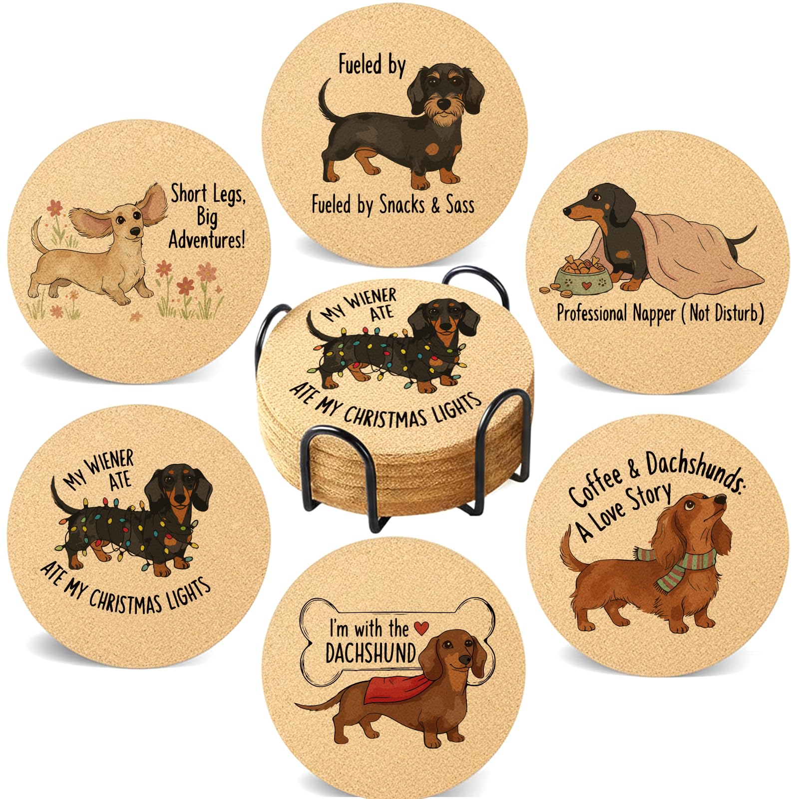 Photo 1 of Dachshund Coasters Set of 6 - Funny Wiener Dog Cork Coasters with Quotes, Round 4-inch Coasters with Metal Holder, Gift for Dog Lovers & Pet Owners