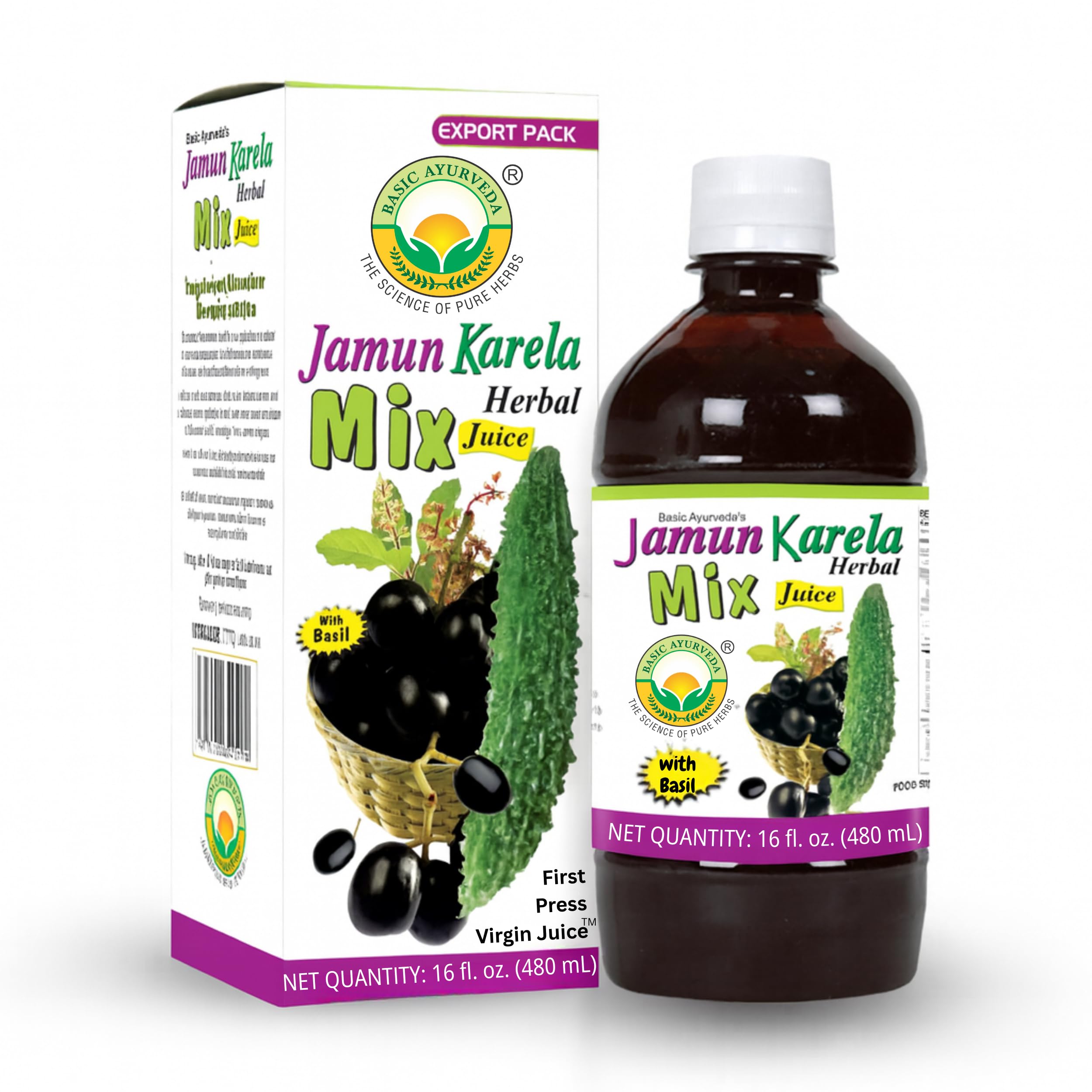 BASIC AYURVEDA Jamun Karela Herbal Mix Juice with Holy Basil | 16.23 Fl Oz (480ml) | Natural Indian Black Berry & Bitter Gourd Juice | Plant-Based Ayurvedic Wellness Drink | No Added Sugar