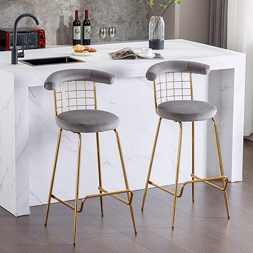 Juego de 2 taburetes de bar modernos con respaldo y patas de metal, elegantes taburetes de bar de terciopelo para cocina, isla, hogar, comedor,