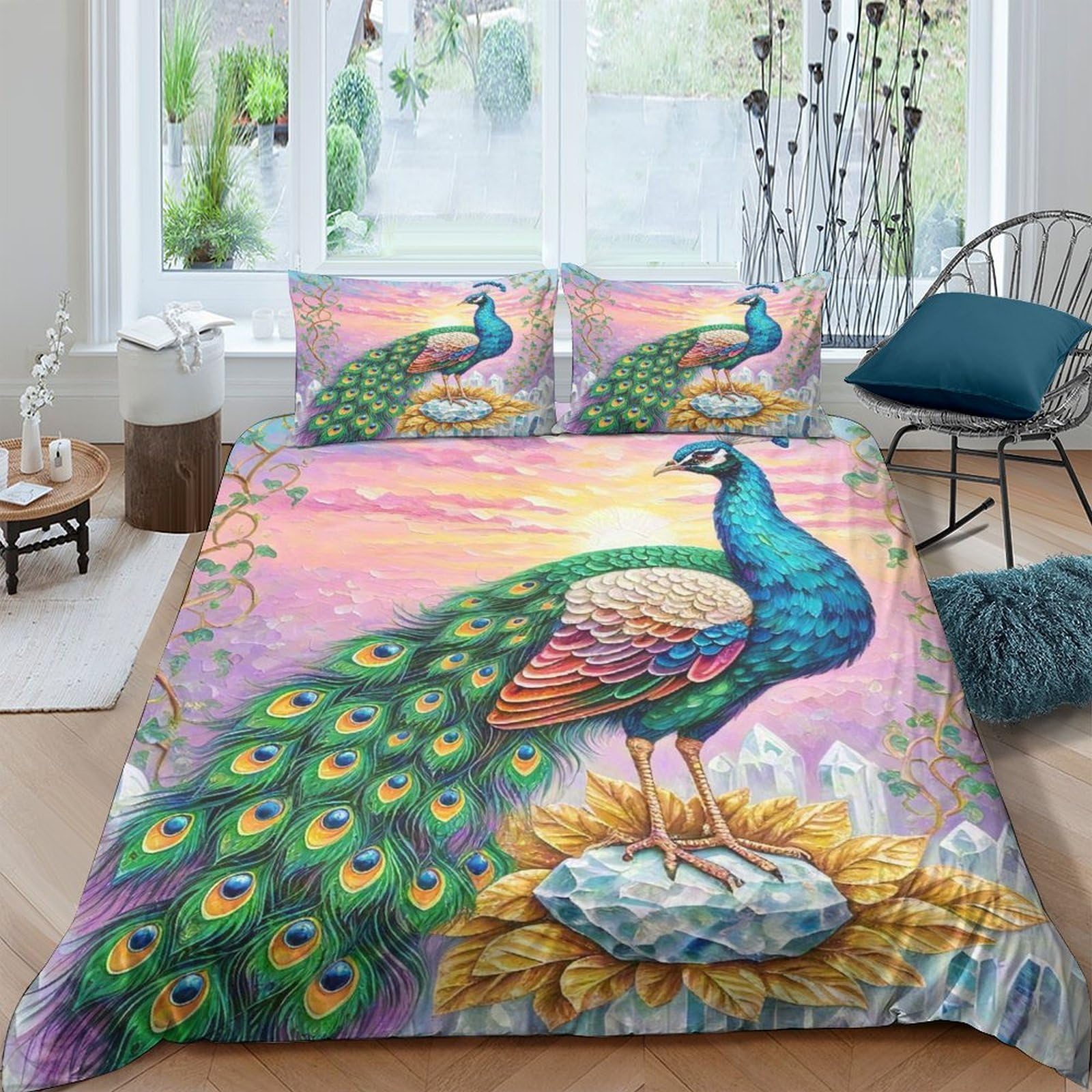 Ctjqhvkz Style-2 3D Printed Vibrant Peacock Fitted Sheet Microfiber Soft Machine Washable Sunflower Mattress Cover For Bedroom Decor Single（135X200cm）