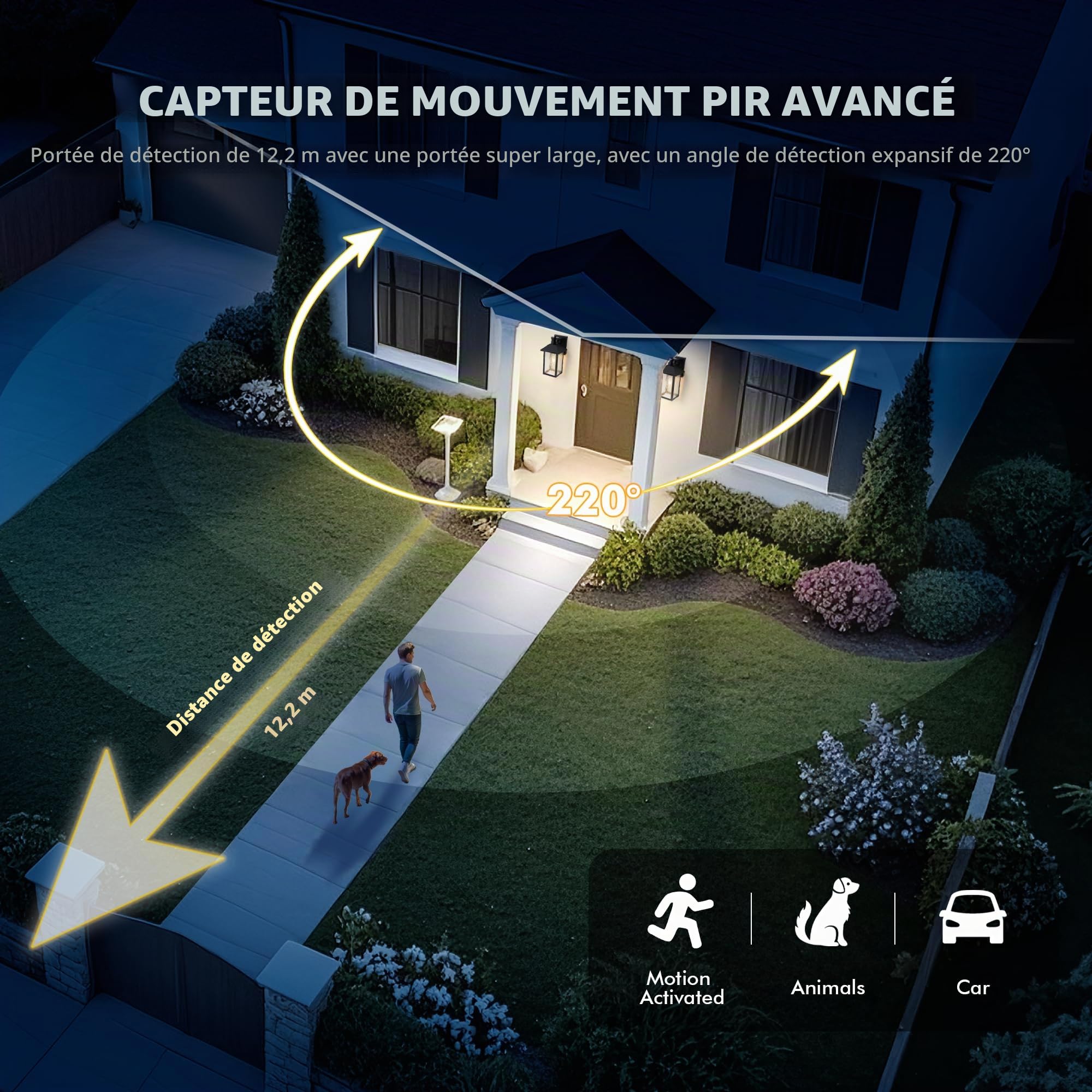 FTL Applique Murale Lanterne Exterieur Detecteur de Mouvement, Porche Lampe Exterieur E27 avec Verre Ondulé Par l'Eau, Luminaire Mural d'Extérieur avec Capteur de Mouvement pour Jardin Terrasse, IP44