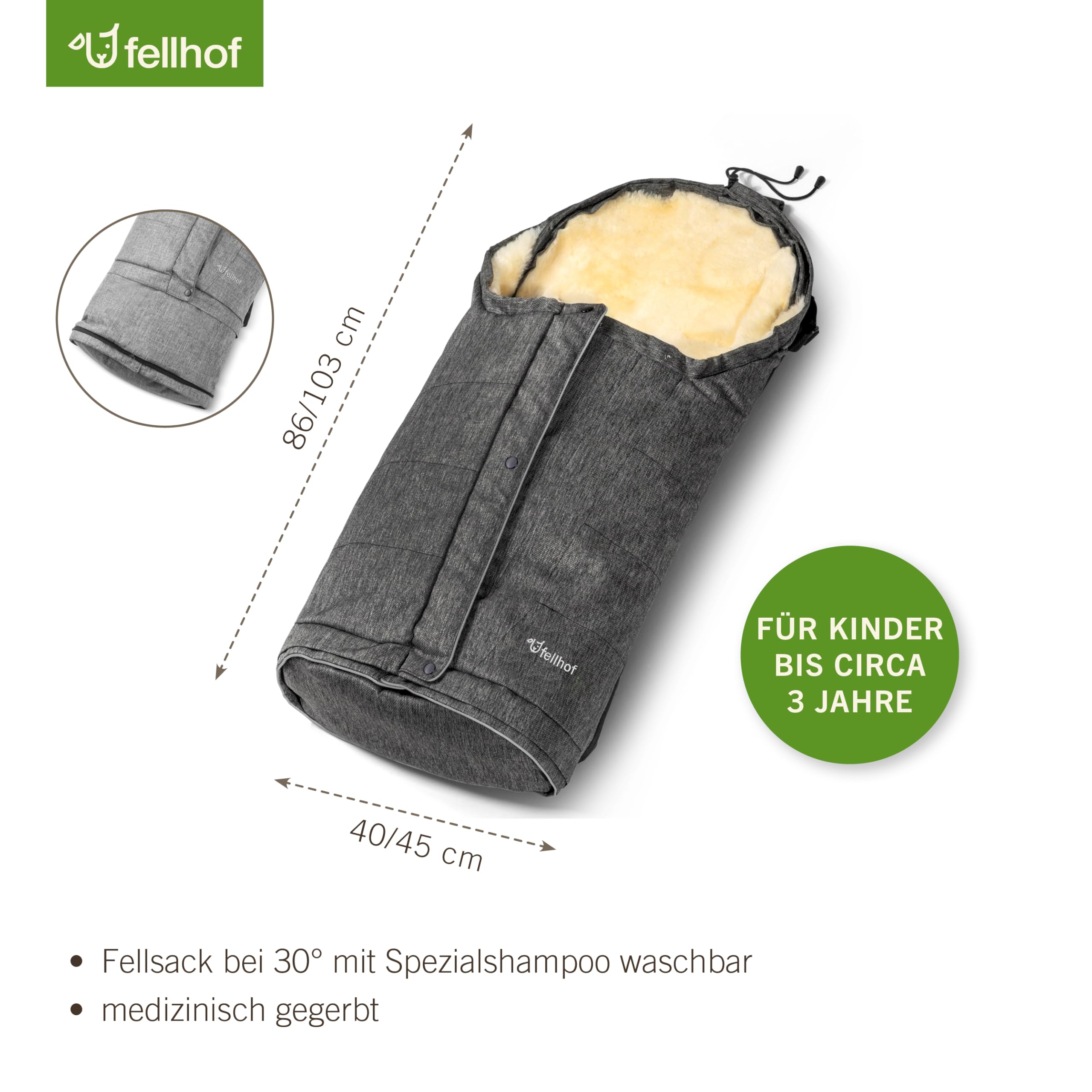 Fellhof HOCHSÖLDEN Kinderwagenfellsack graphit-melange | 40/45 x 86/106 cm | Merino Lammfell | größenverstellbar | wind- und wasserabweisend mit Magnetverschlus