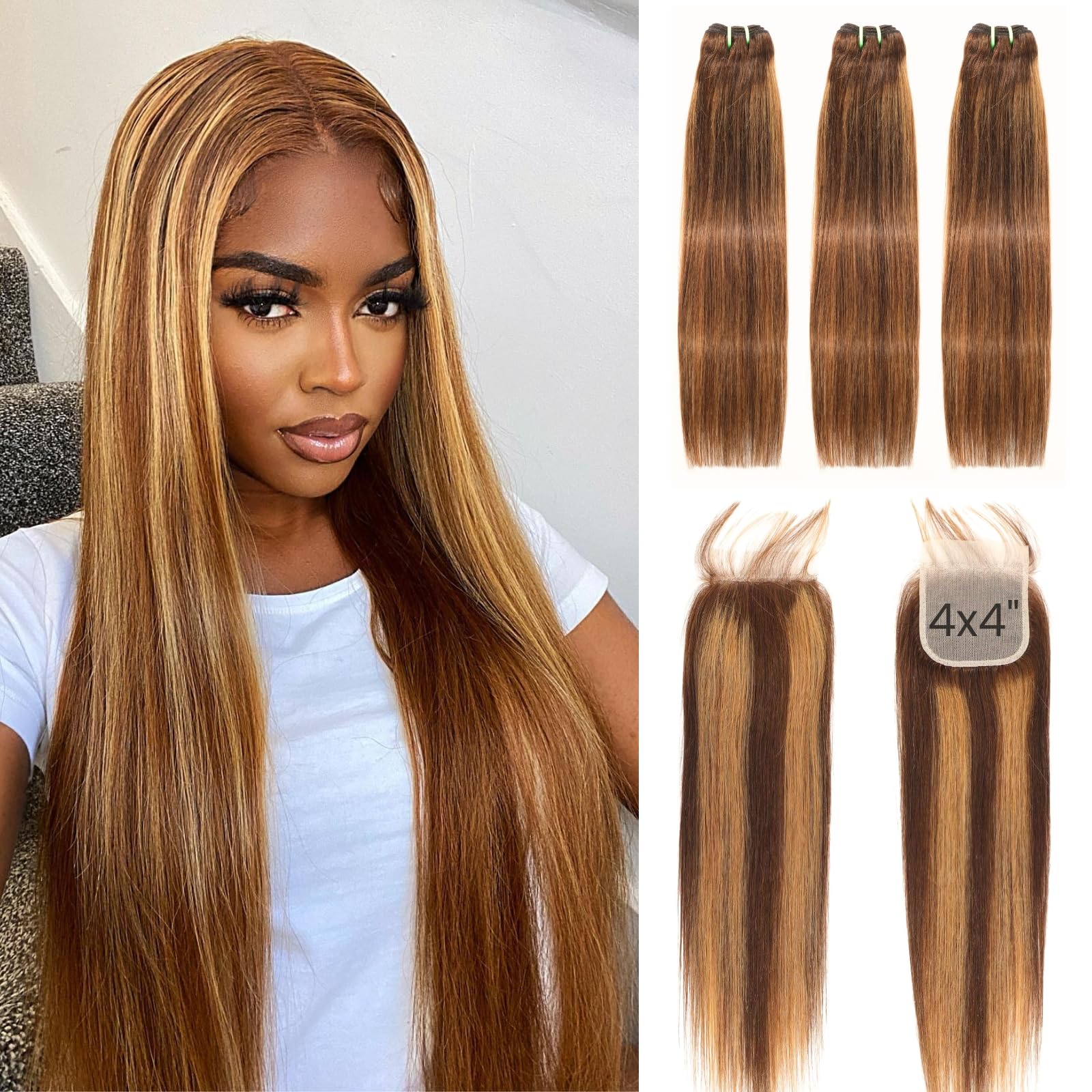 HERMOUS 13A Raw Hair Honey Blonde 3 Bundles And Hd Lace Closure 16 18 20+16, Double Drawn Highlight Ombre P4/27 Colored Straight Weave Soft Thick Raw