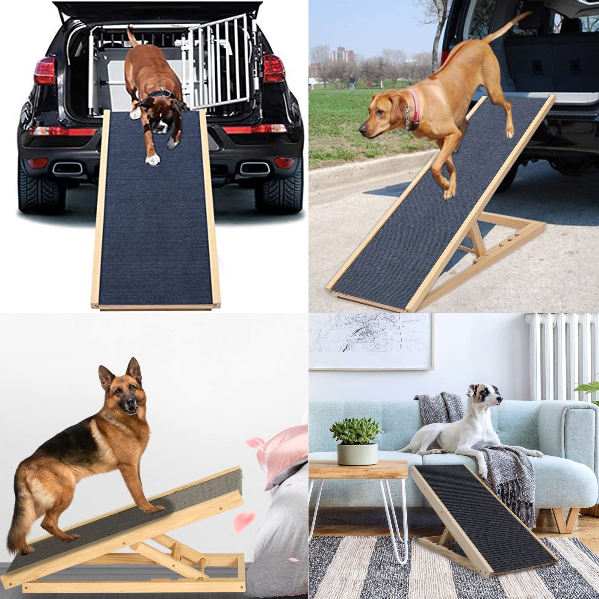 Haustier Rampe rutschfeste Katzen Kratzbrett Teppich Höhe einstellbar 2 Höhenverstellbar, Sicherheit Haustiere Leiter Klappbar aus Holz Auto Rampe für Hund für Bett, Sofa und SUV
