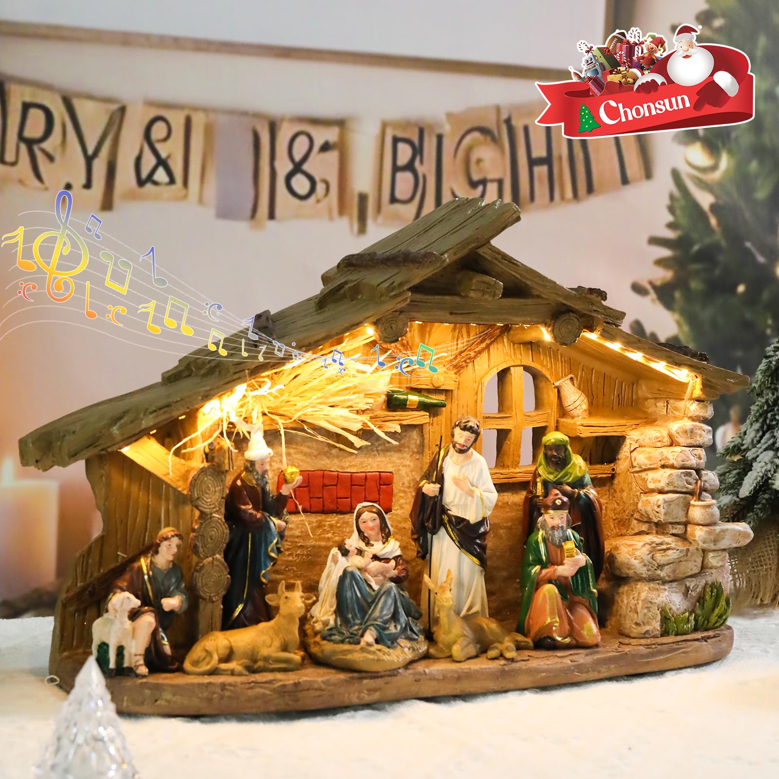 Belén para interiores de 10.2 pulgadas de Navidad, pueblo musical, pesebre, juegos de pesebre, figuras de Navidad de Jesús, decoraciones de Navidad