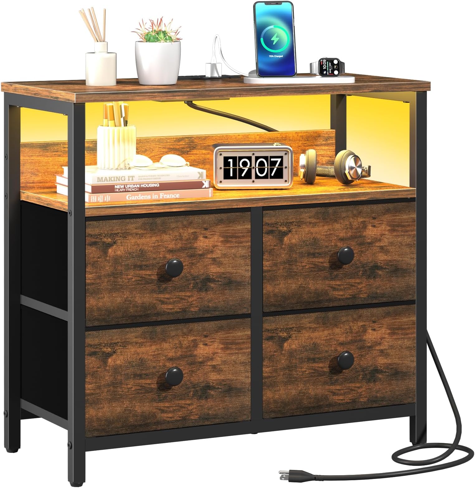 27 Inch Wide Nightstand With LED Lights & Charging Station - Retro Brown Bedside Table