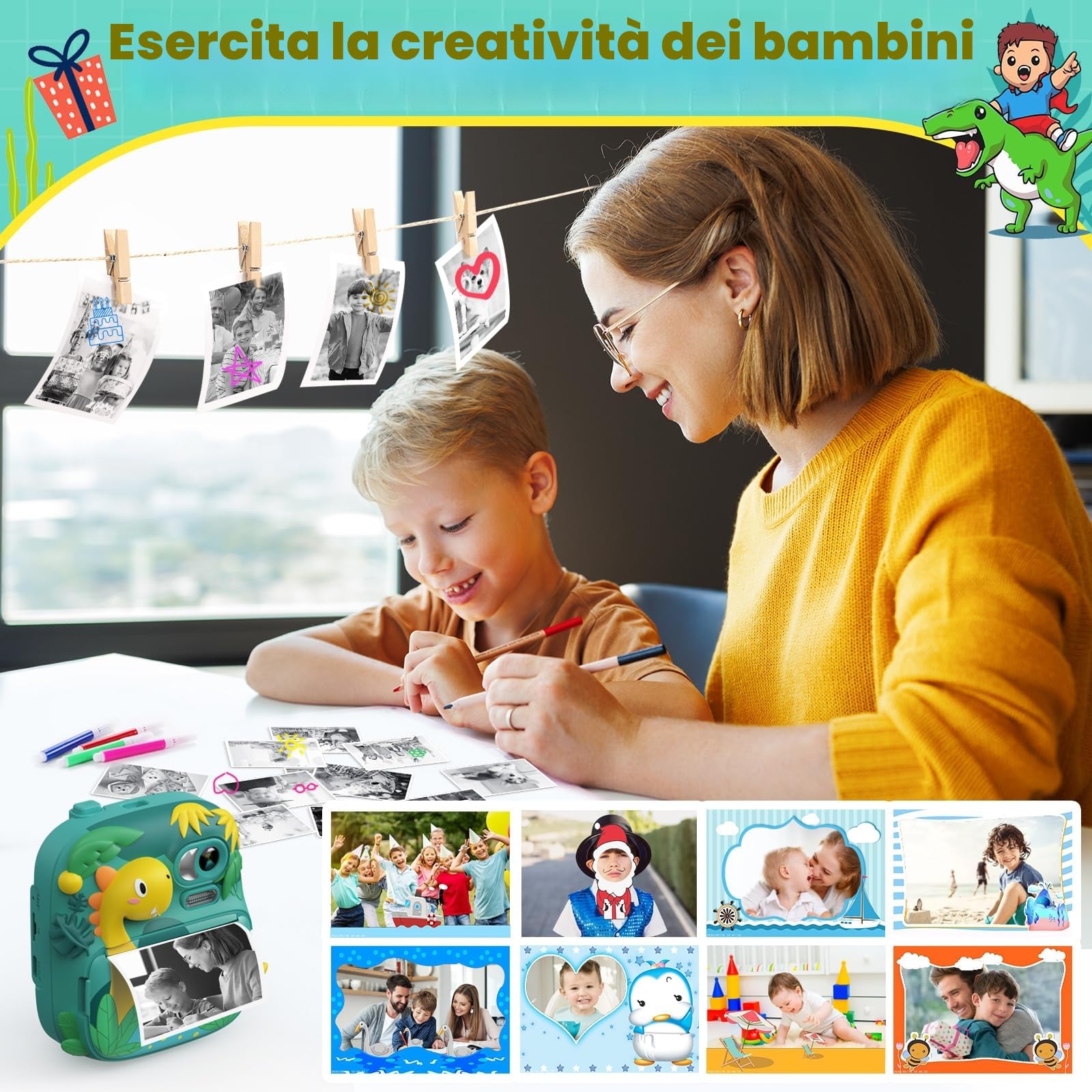 Macchina Fotografica Bambini Istantanea, CAMCLID 2,4 Pollici Fotocamera Bambini con 32GB Scheda, 12MP/1080P Fotocamera Digitale Dinosauro, Regali per Ragazzi Ragazze da 3-12 Anni (Verde)