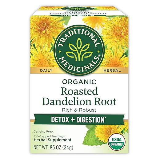 Traditional Medicinals Organic, Roasted, Dandelion Root Tea - Supports Normal Detox + Digestion - Kosher, Non-GMO, Caffeine-Free, Compostable - 16 Tea Bags